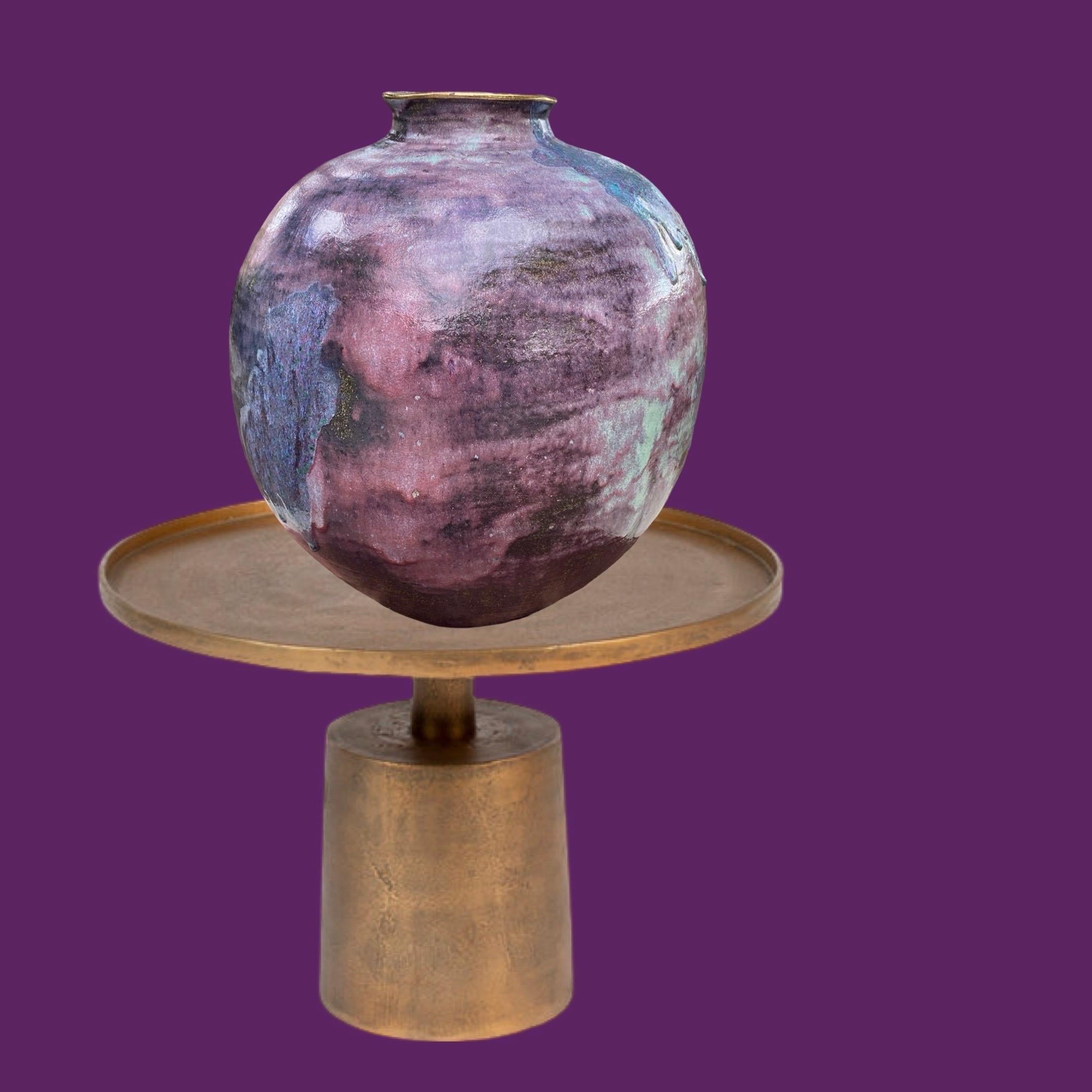 Ceramic Custom Made Large Urn 1980s Purple, Lavender & Teal Glaze Gold Trim For Sale 3