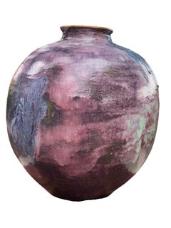 Ceramic Custom Made Large Urn 1980s Purple, Lavender & Teal Glaze Gold Trim