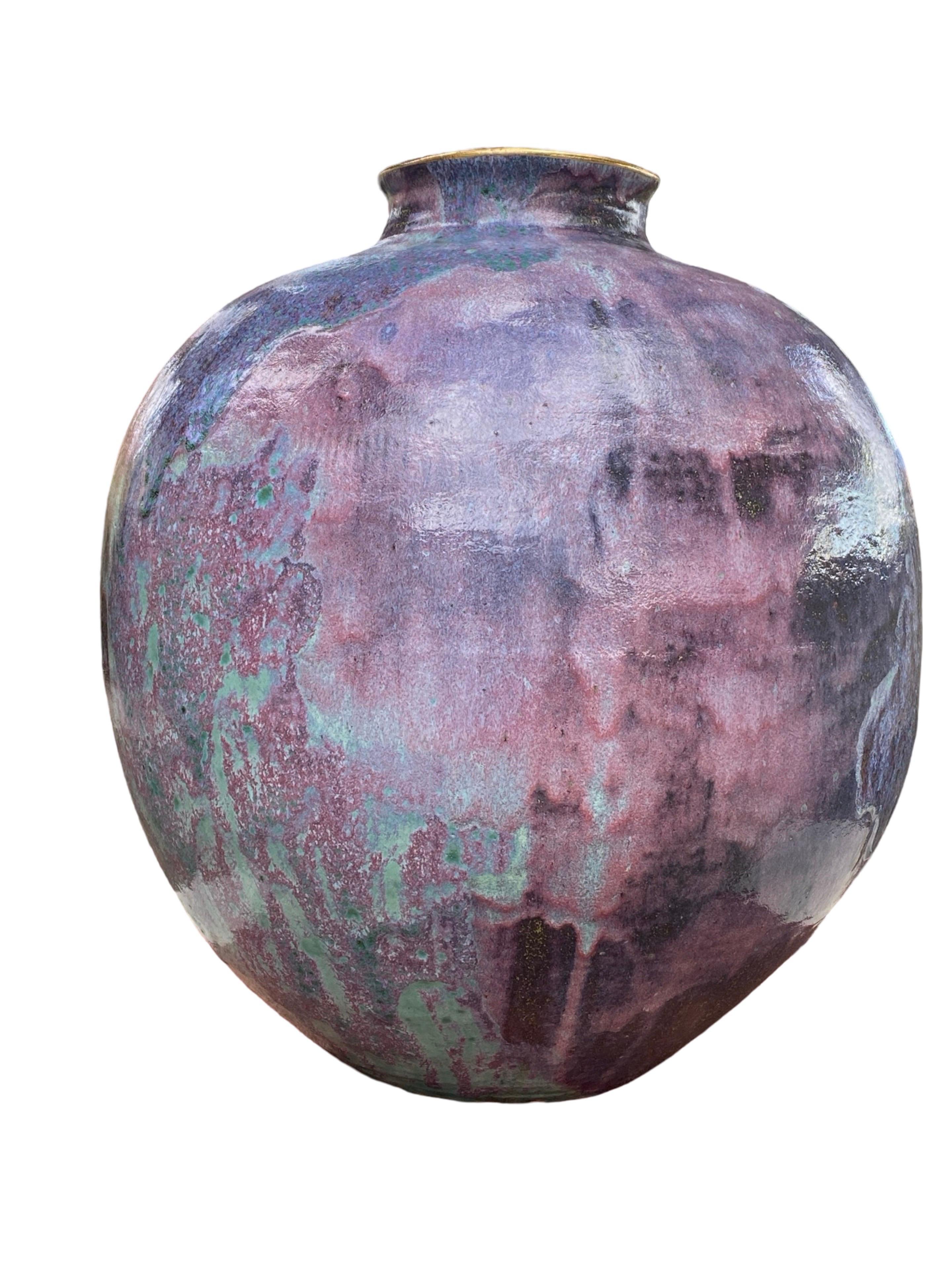 Modern Ceramic Custom Made Large Urn 1980s Purple, Lavender & Teal Glaze Gold Trim For Sale