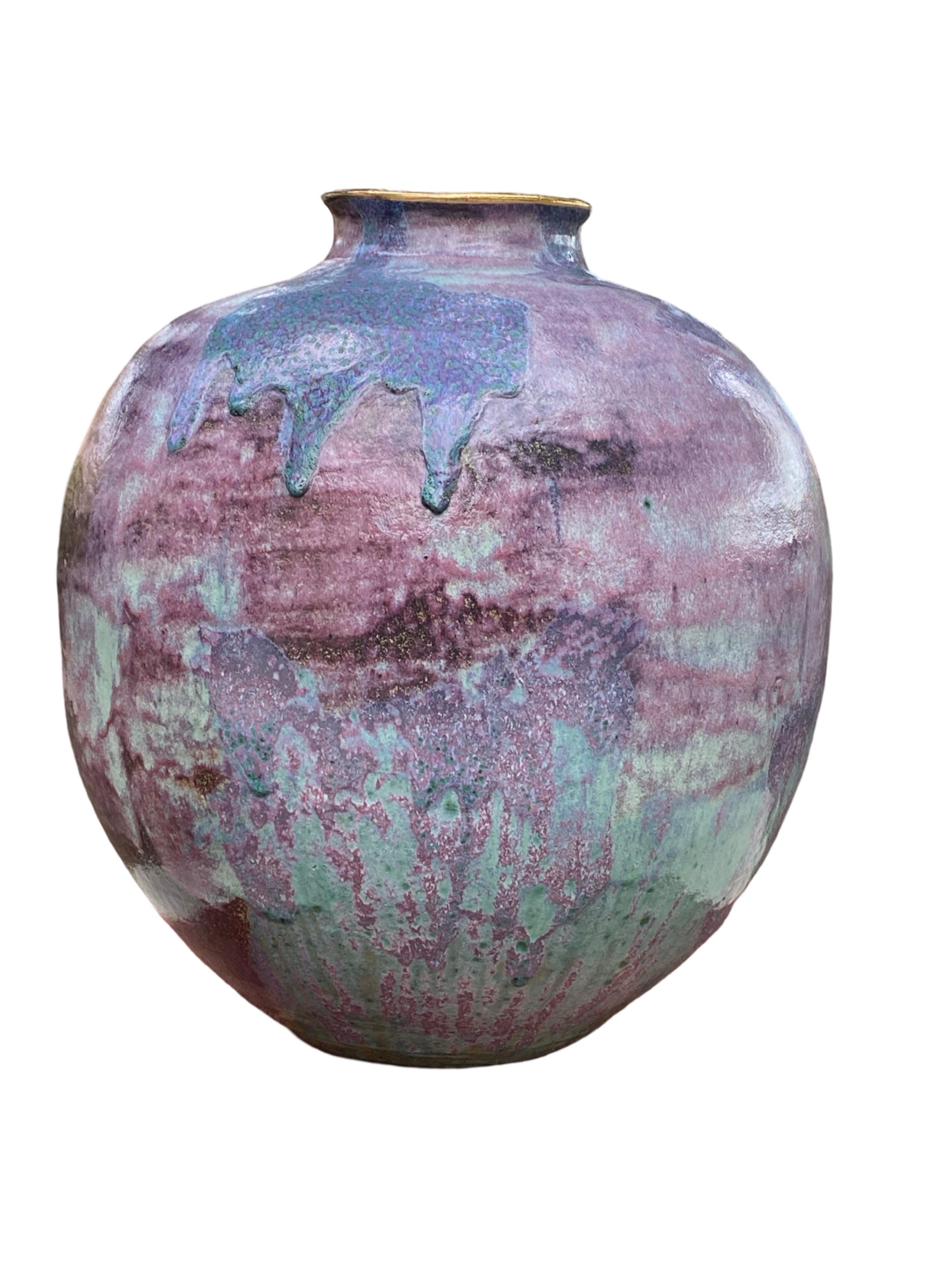 Glazed Ceramic Custom Made Large Urn 1980s Purple, Lavender & Teal Glaze Gold Trim For Sale