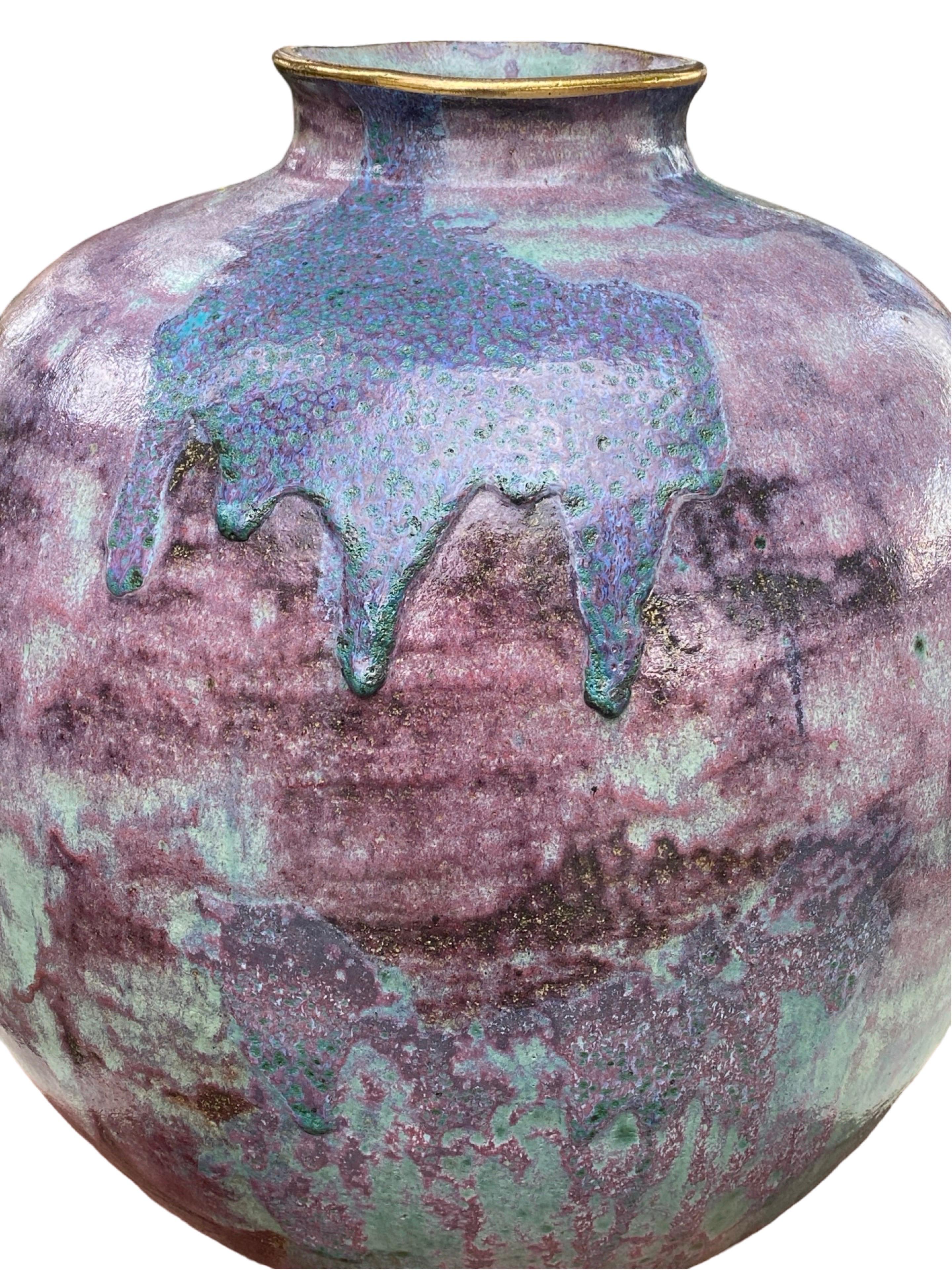 Late 20th Century Ceramic Custom Made Large Urn 1980s Purple, Lavender & Teal Glaze Gold Trim For Sale