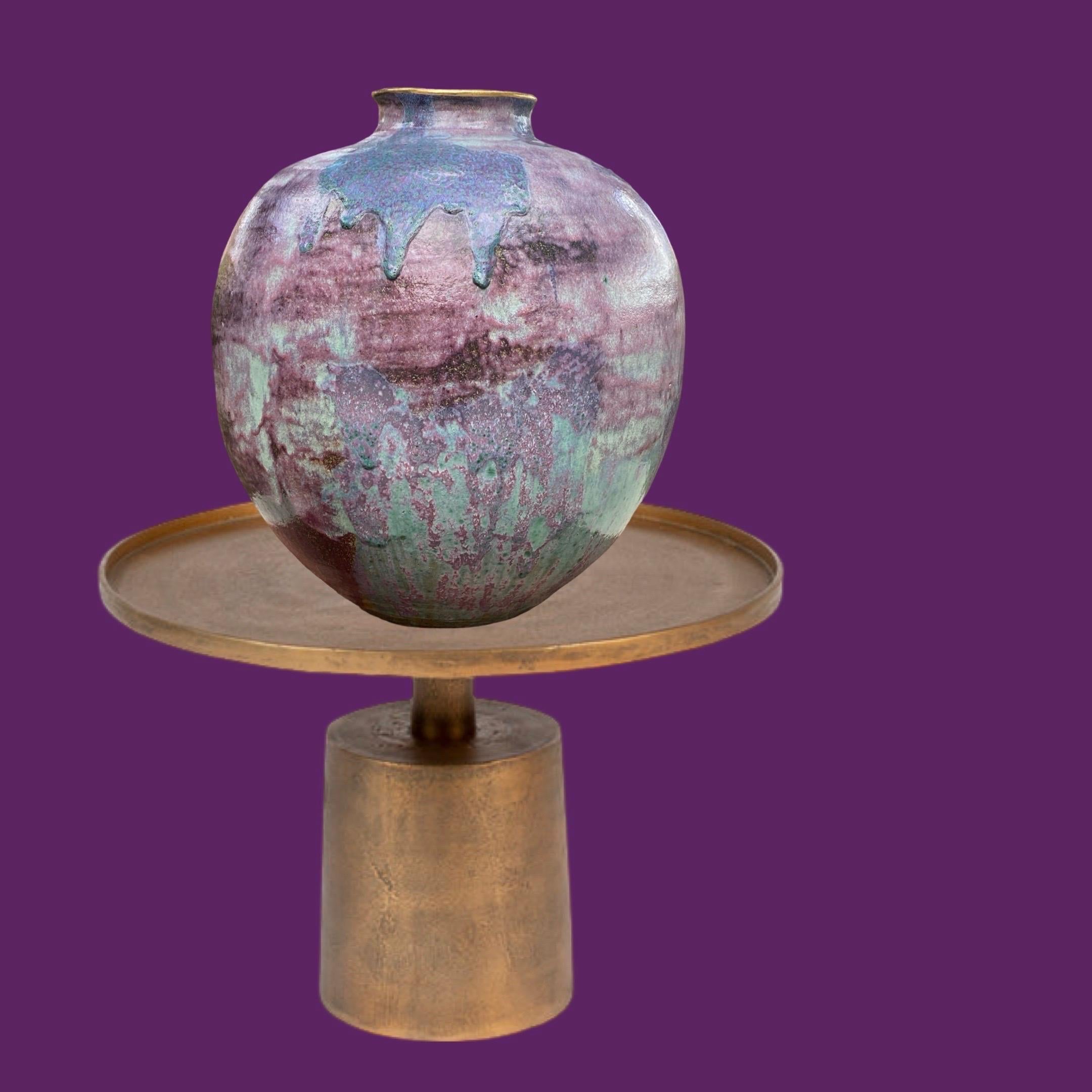 Pottery Ceramic Custom Made Large Urn 1980s Purple, Lavender & Teal Glaze Gold Trim For Sale