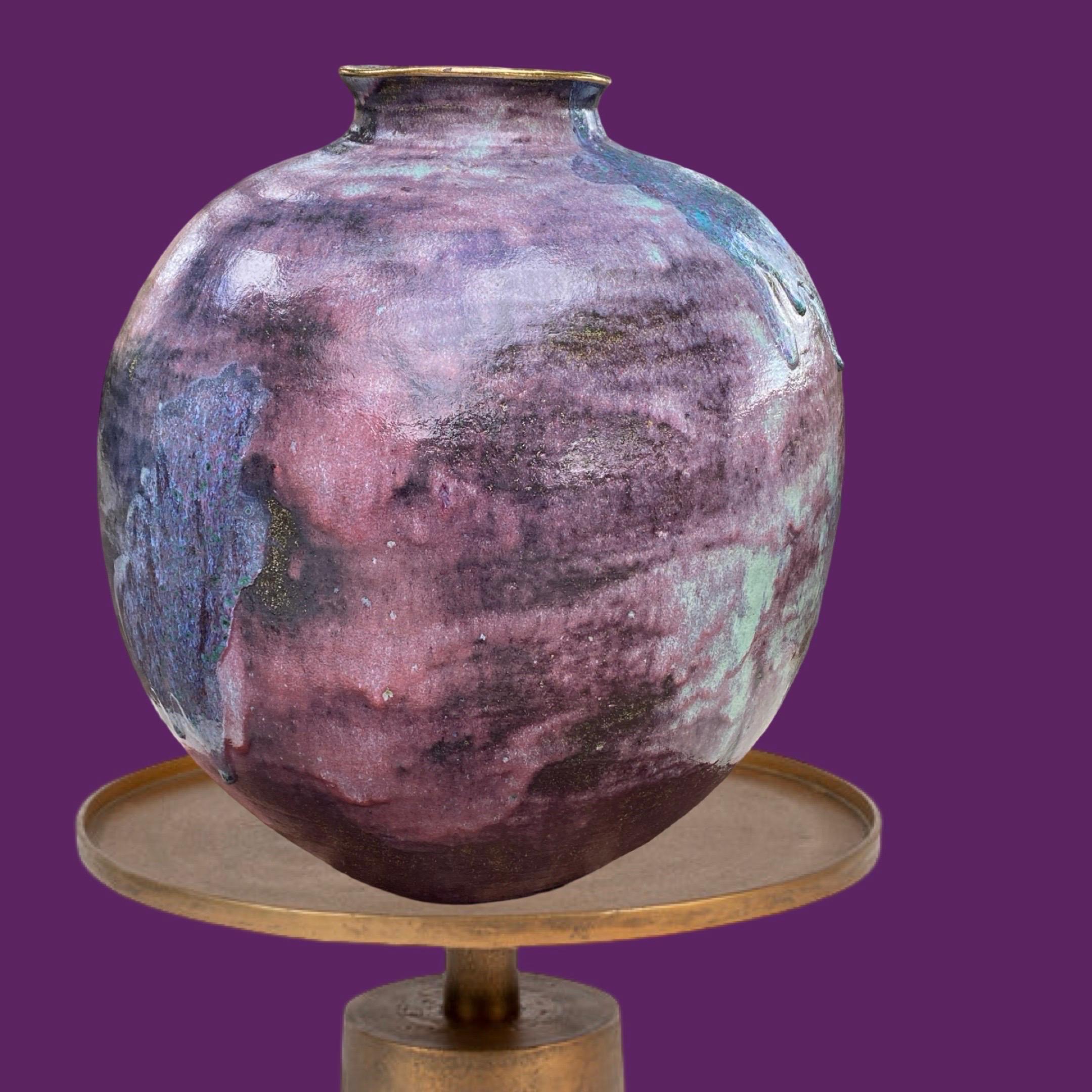 Ceramic Custom Made Large Urn 1980s Purple, Lavender & Teal Glaze Gold Trim For Sale 1