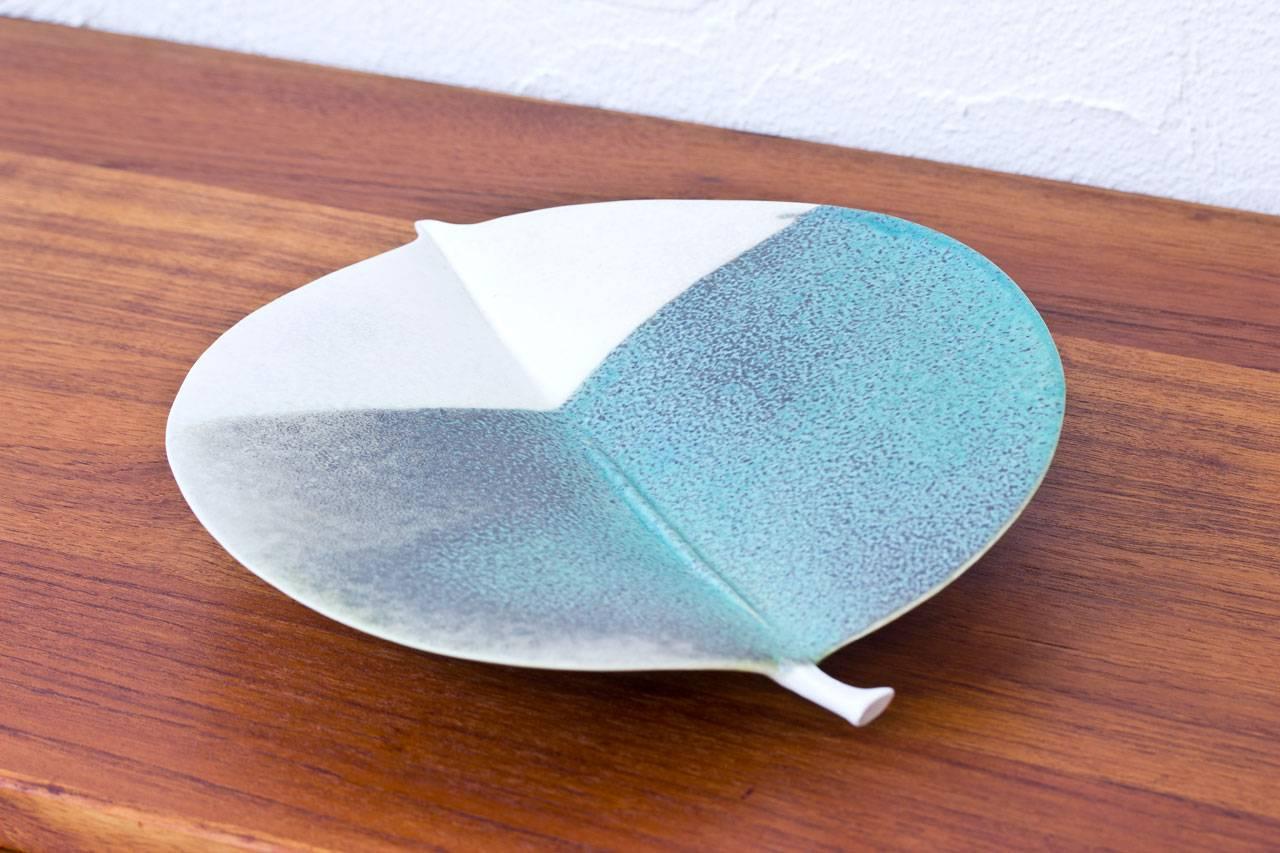 Leave shaped stoneware tray by Swedish artist Paul Hoff. Handmade at Gustavsberg in 1989, signed and numbered 92/ 150.