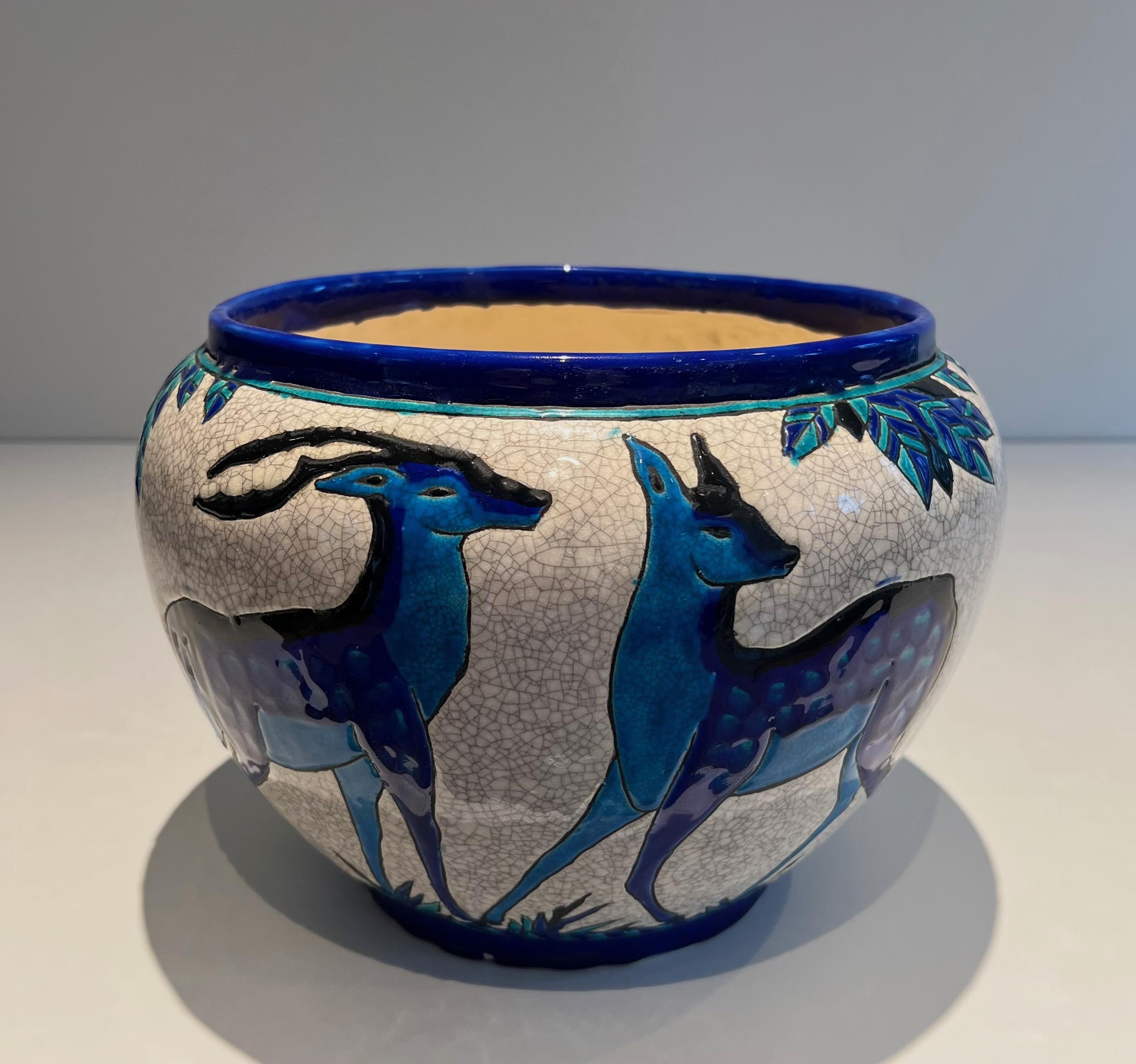 Ceramic “Deer and Doe” planter. Belgian work signed by Charles Catteau, Keramis 6