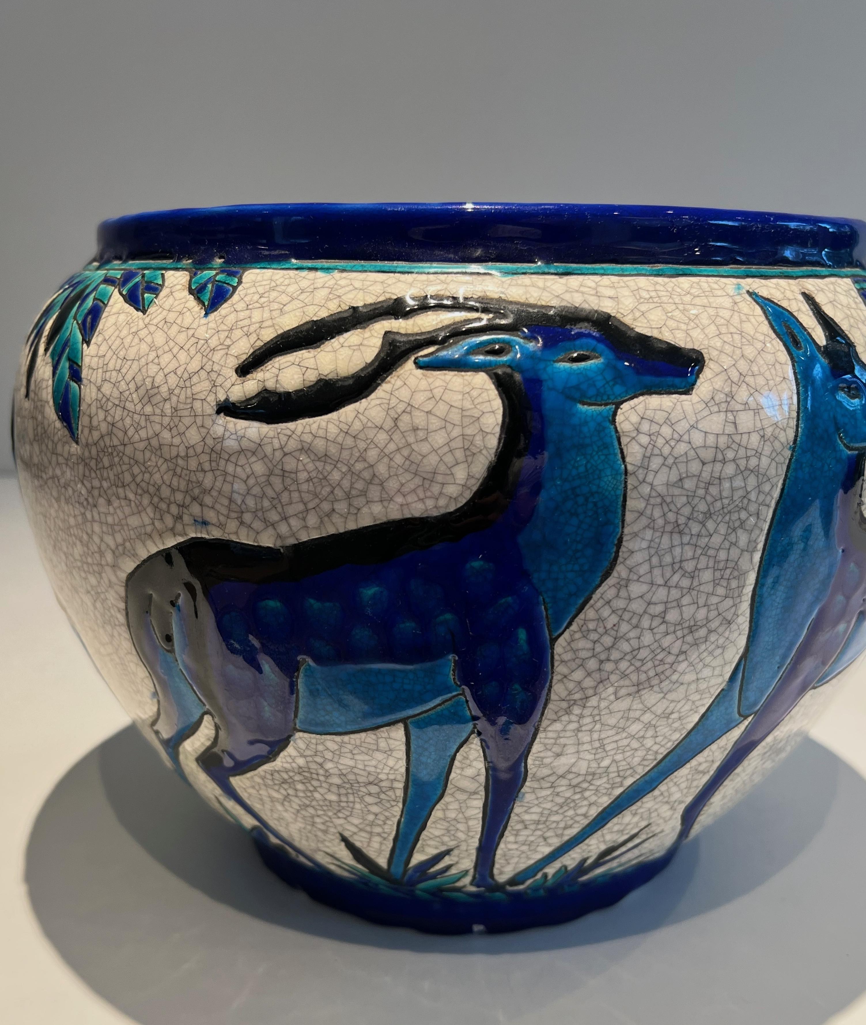 Ceramic “Deer and Doe” planter. Belgian work signed by Charles Catteau, Keramis 11
