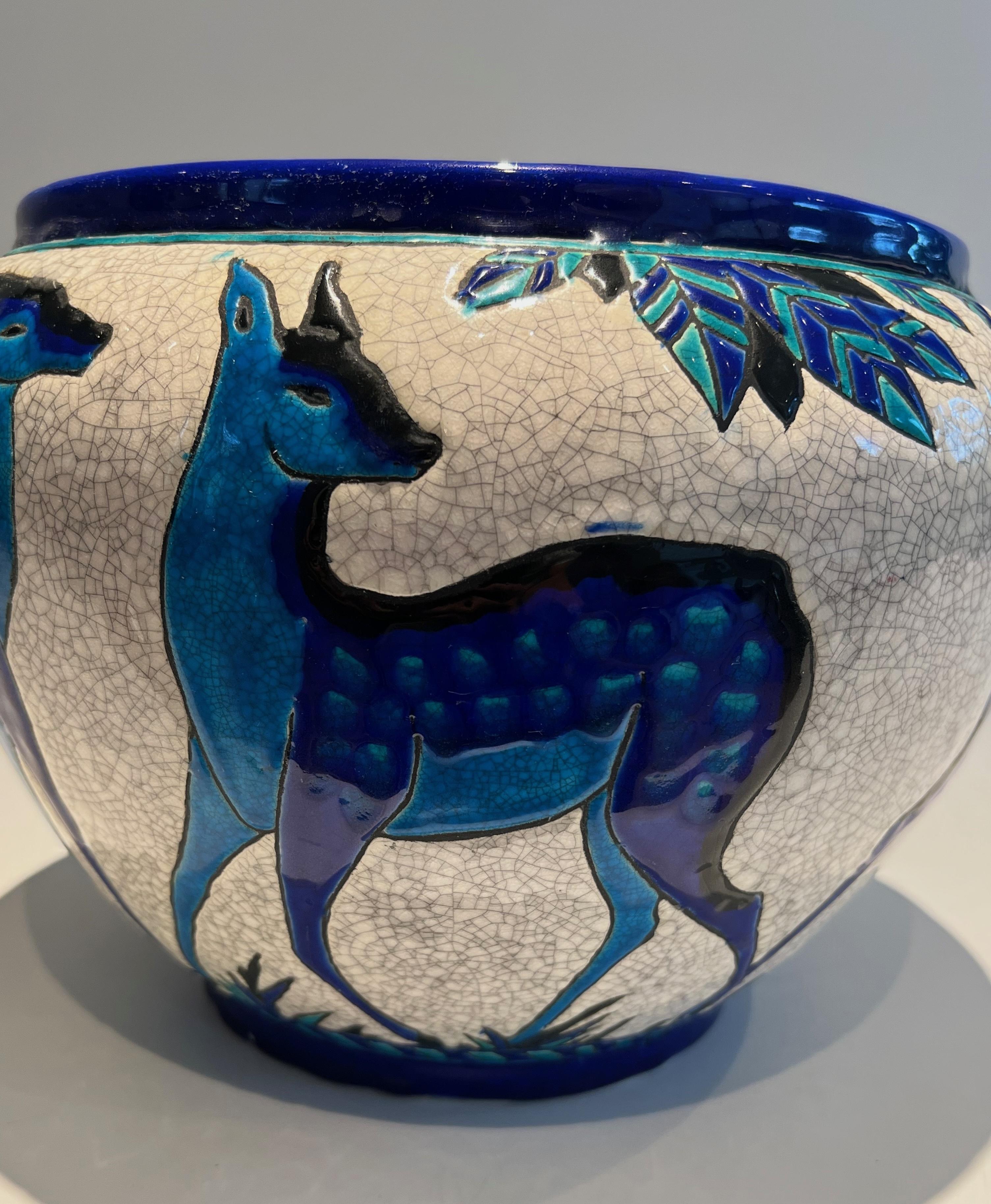 Ceramic “Deer and Doe” planter. Belgian work signed by Charles Catteau, Keramis 12