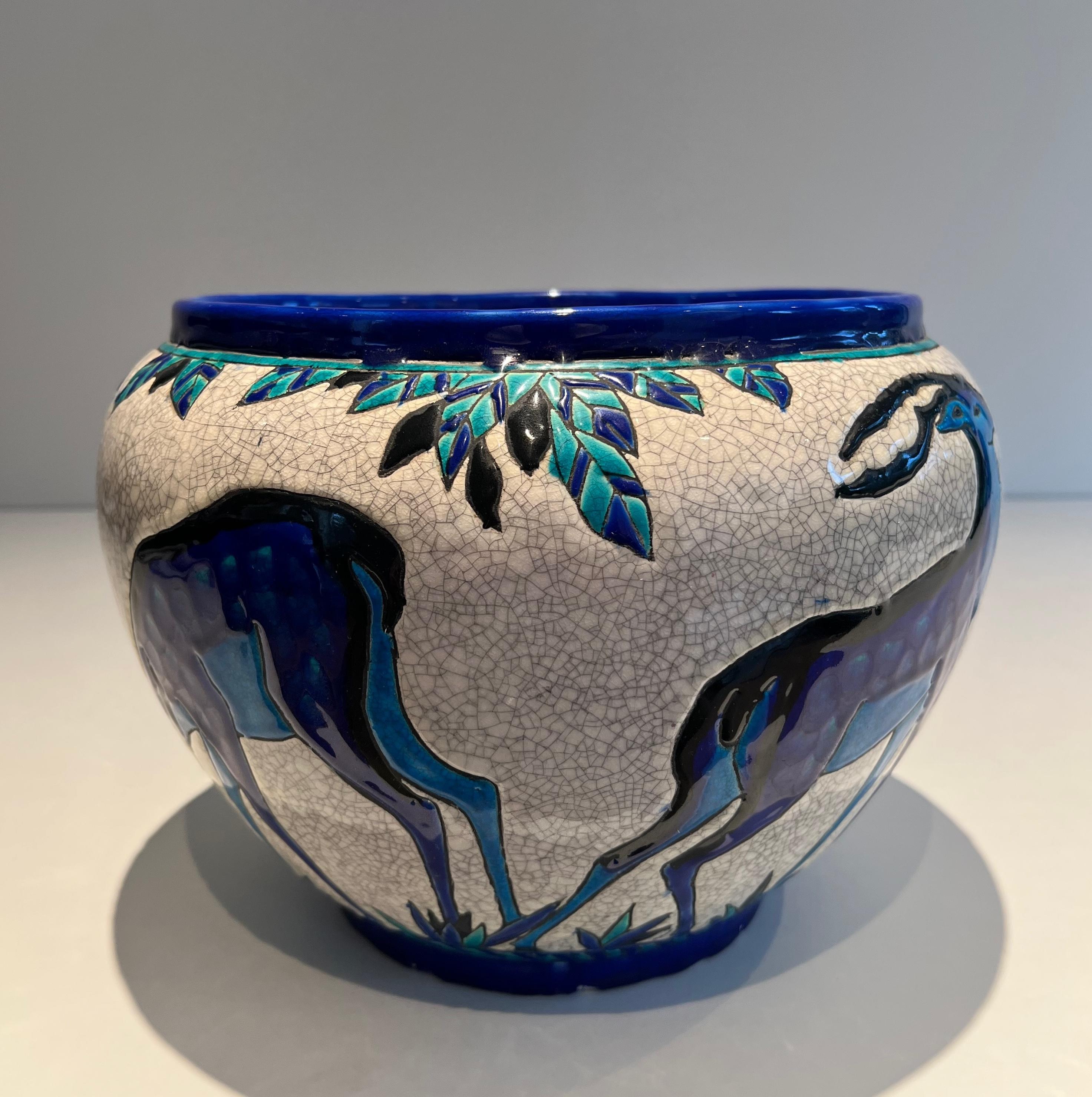 Ceramic “Deer and Doe” planter. Belgian work signed by Charles Catteau, Keramis 13
