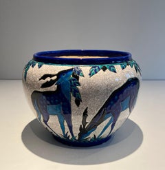 Ceramic “Deer and Doe” planter. Belgian work signed by Charles Catteau, Keramis