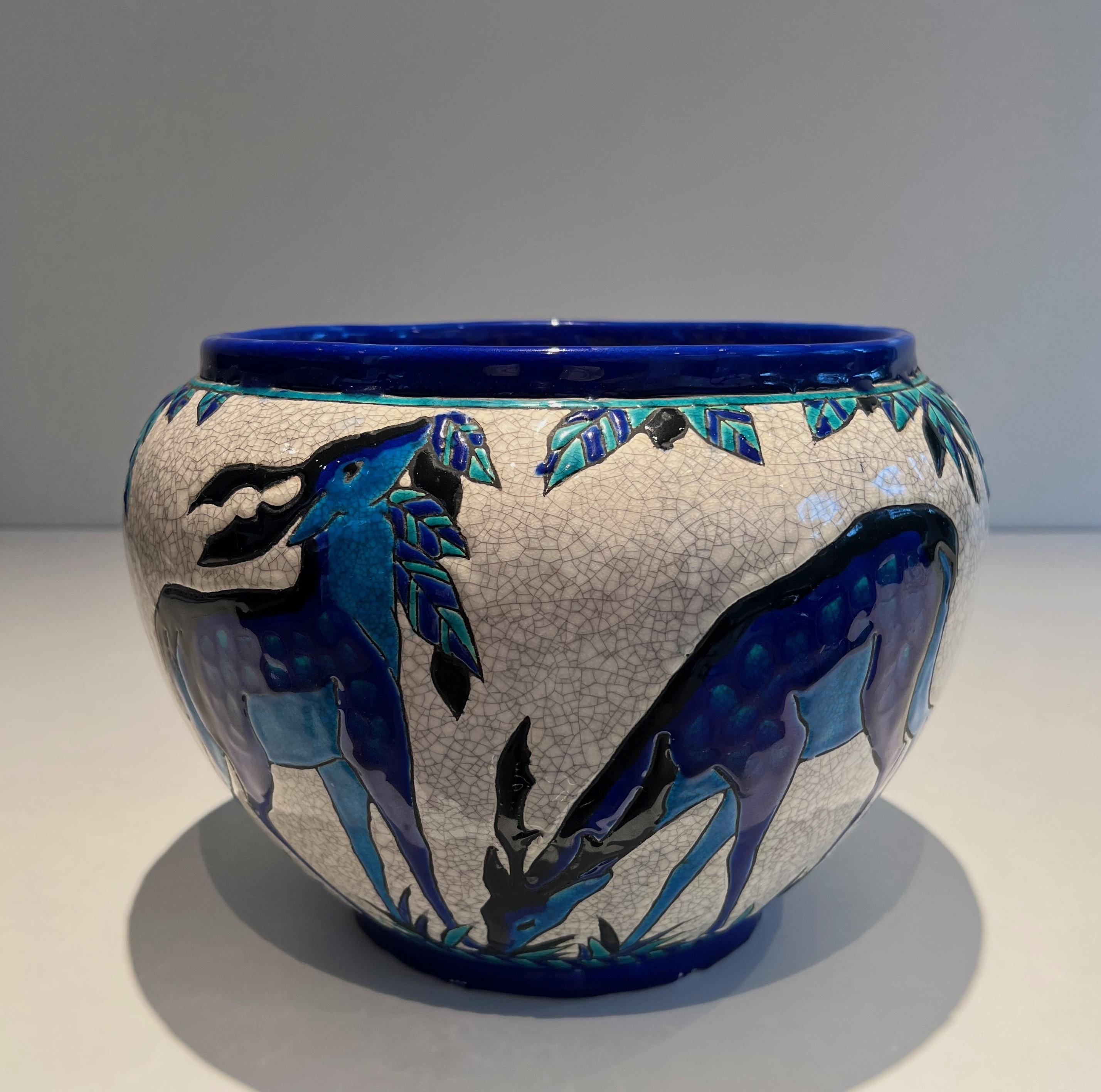 Ceramic “Deer and Doe” planter. Belgian work signed by Charles Catteau, Keramis 15