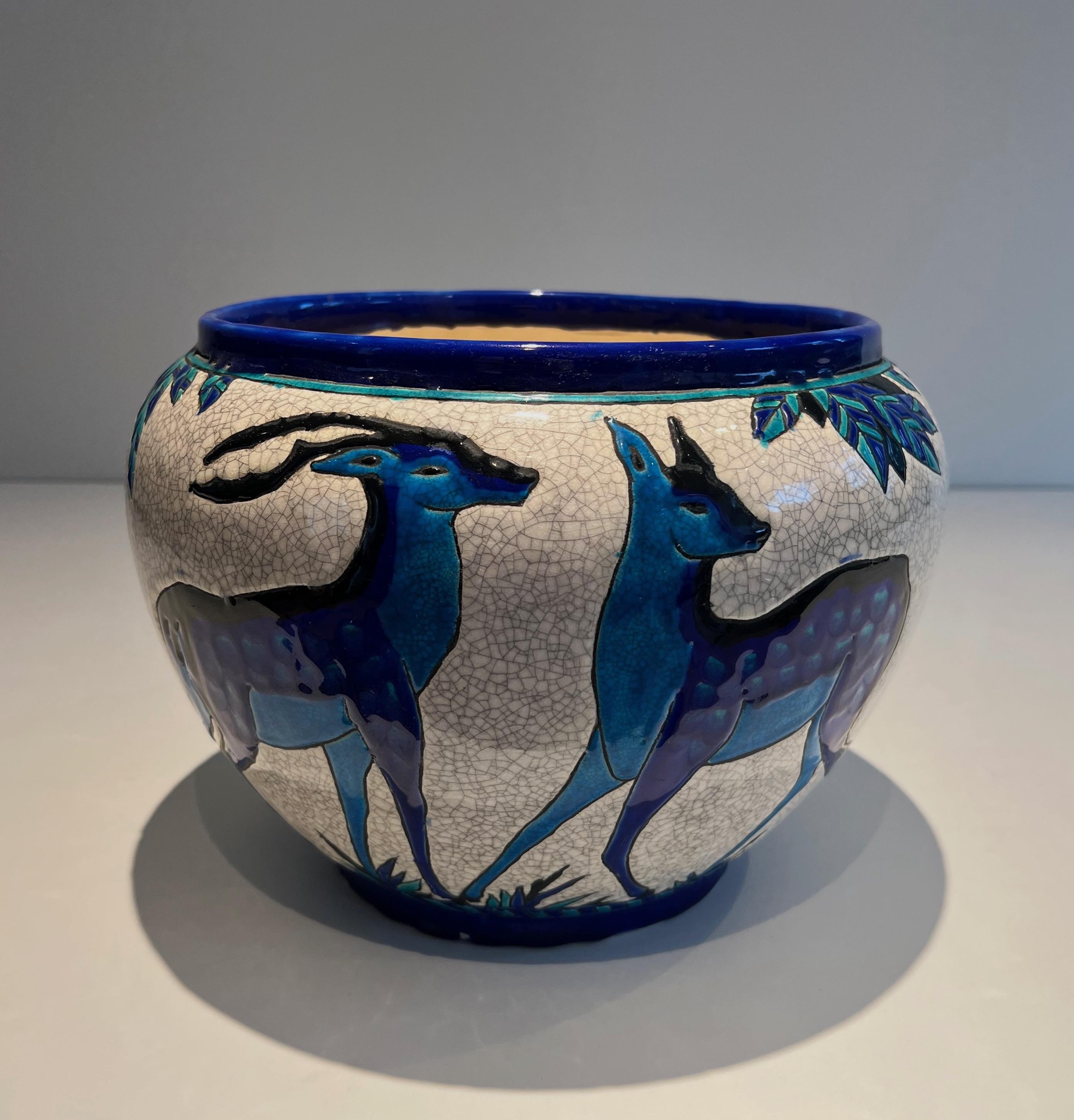 Art Deco Ceramic “Deer and Doe” planter. Belgian work signed by Charles Catteau, Keramis