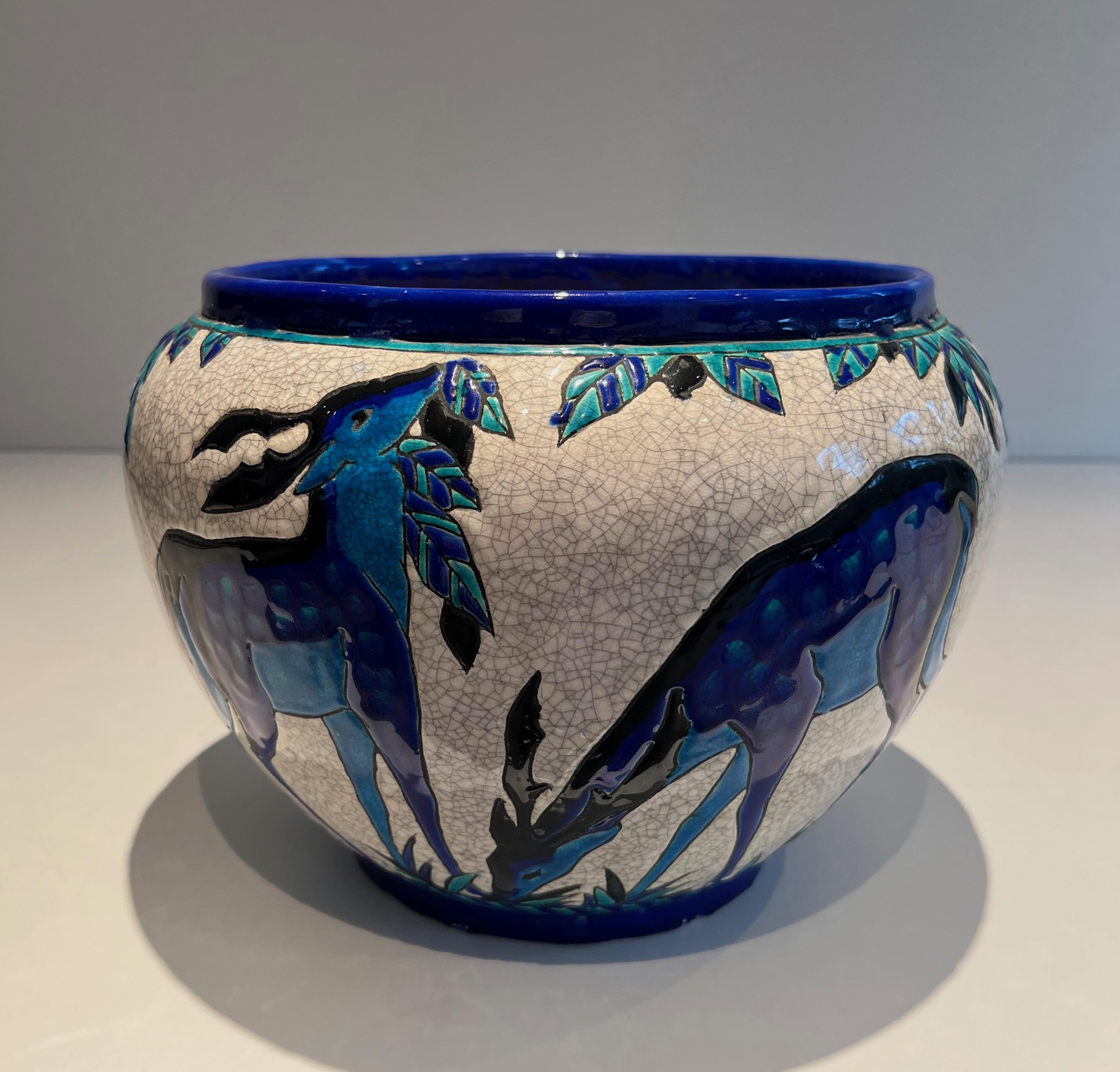 Ceramic “Deer and Doe” planter. Belgian work signed by Charles Catteau, Keramis In Good Condition In Marcq-en-Barœul, Hauts-de-France