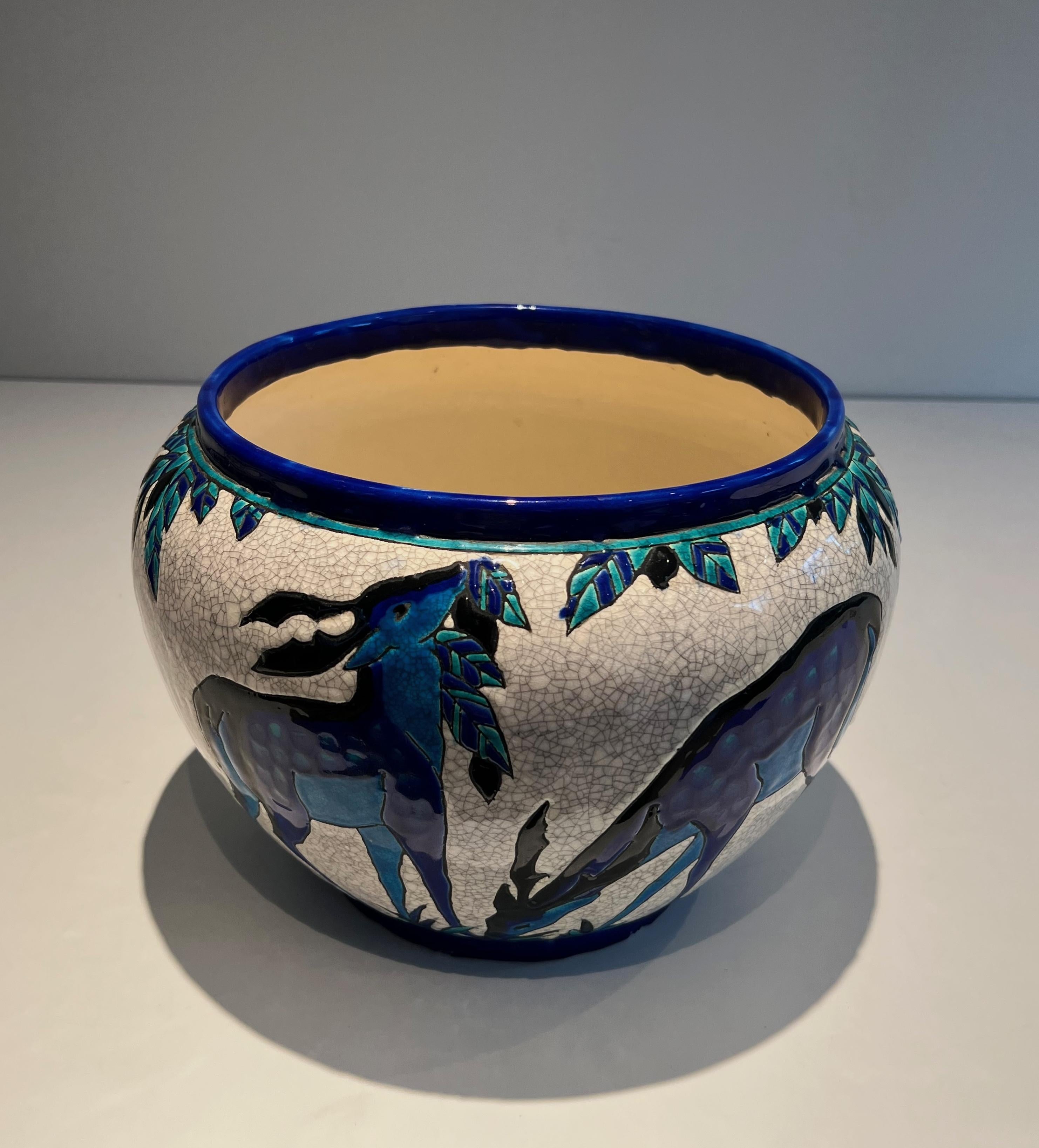 Early 20th Century Ceramic “Deer and Doe” planter. Belgian work signed by Charles Catteau, Keramis