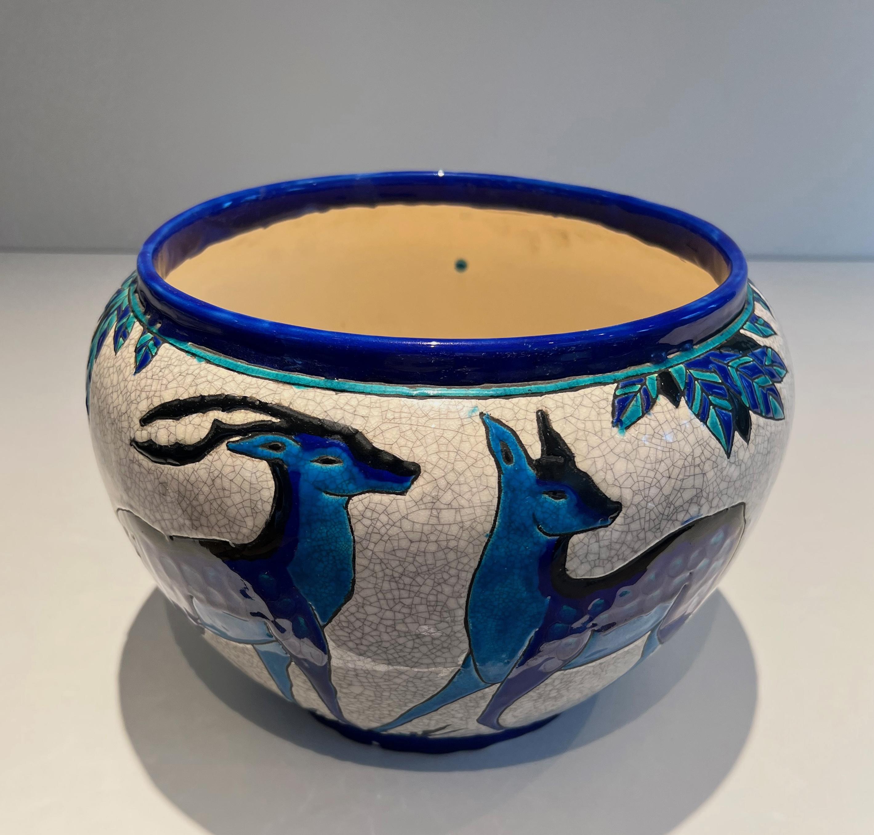 Ceramic “Deer and Doe” planter. Belgian work signed by Charles Catteau, Keramis 1