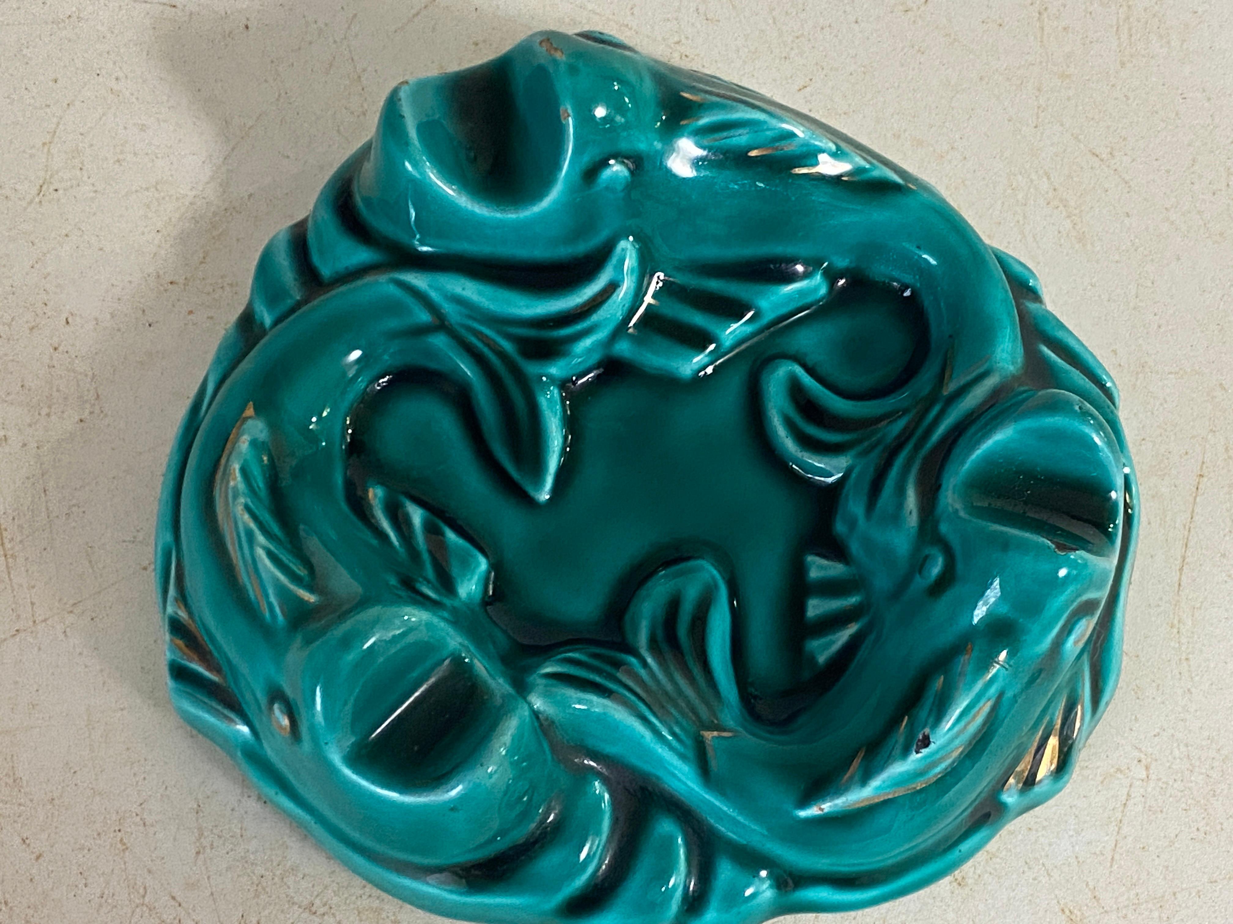 Ceramic Dish Ashtray in Ceramic Art Deco Green Color Fishes Patern In Good Condition For Sale In Auribeau sur Siagne, FR