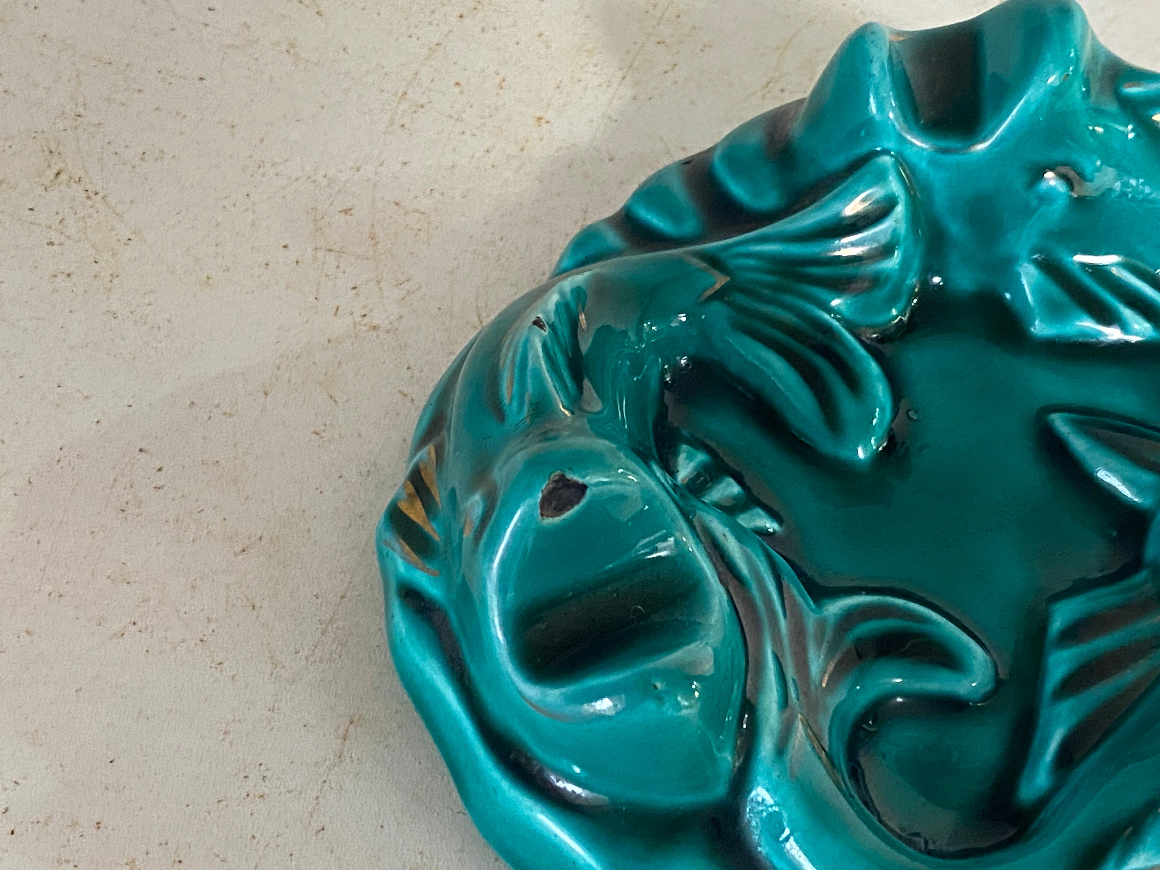 Mid-20th Century Ceramic Dish Ashtray in Ceramic Art Deco Green Color Fishes Patern For Sale