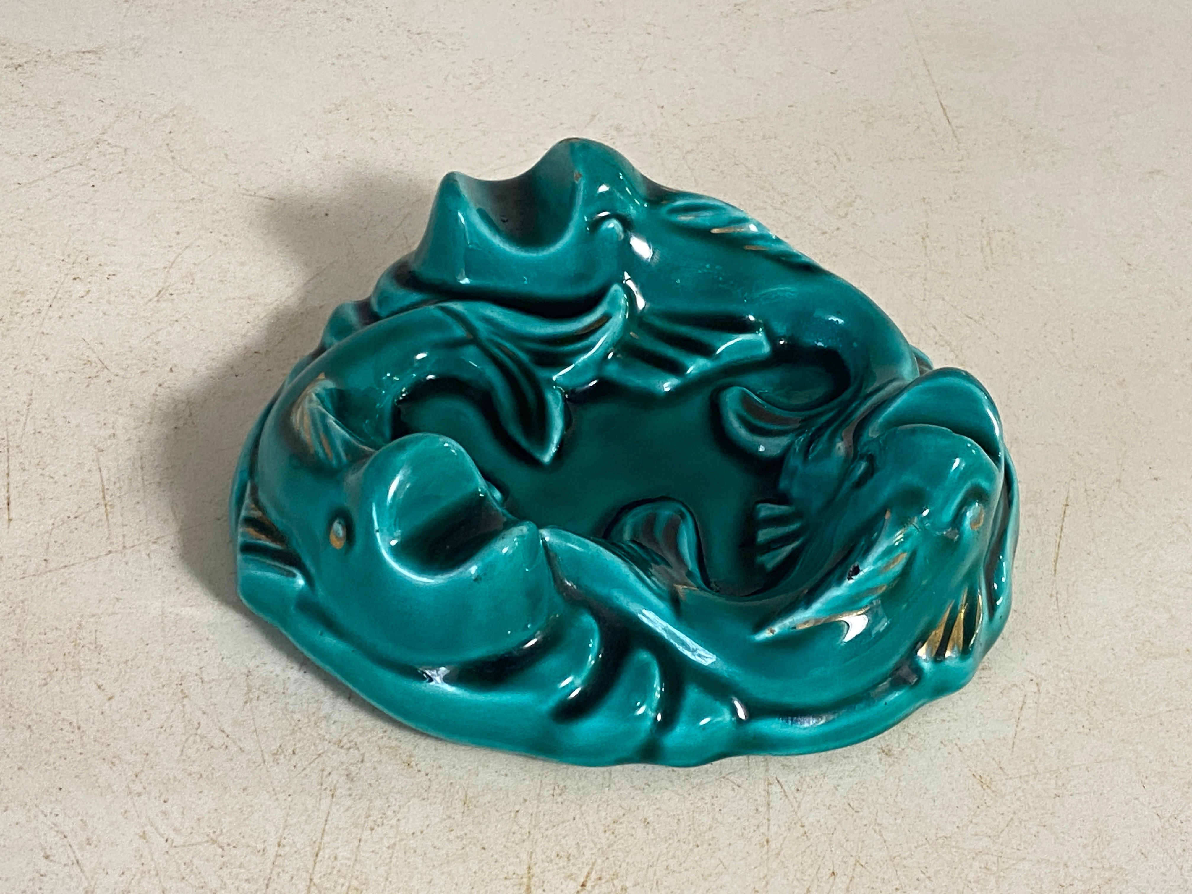 Ceramic Dish Ashtray in Ceramic Art Deco Green Color Fishes Patern For Sale 2
