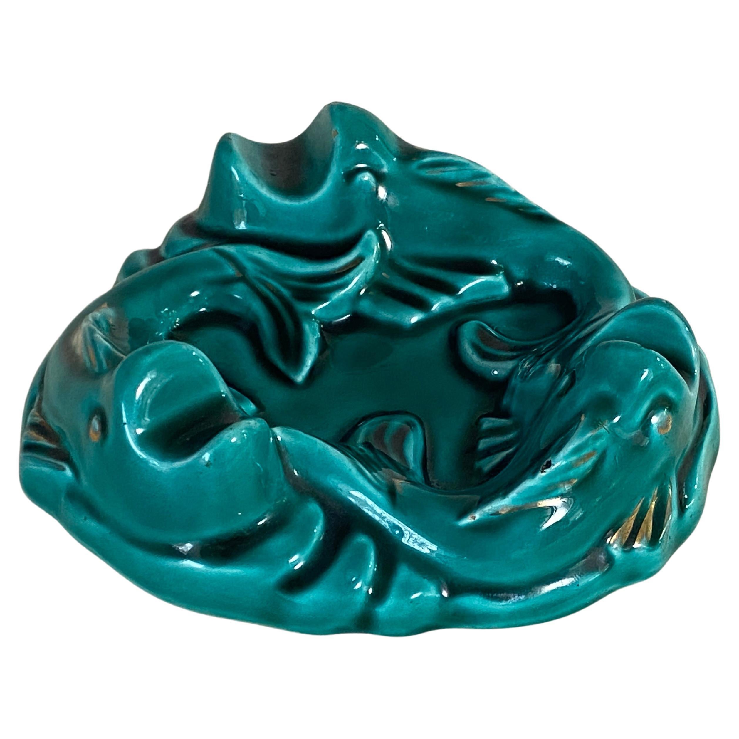 Ceramic Dish Ashtray in Ceramic Art Deco Green Color Fishes Patern For Sale