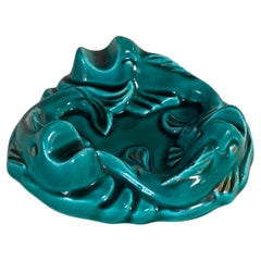 Ceramic Dish Ashtray in Ceramic Art Deco Green Color Fishes Patern