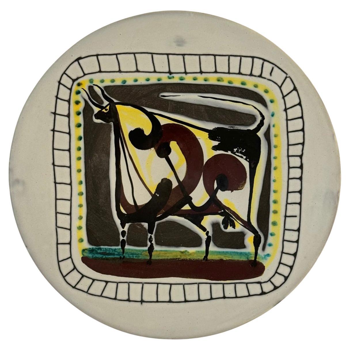 Ceramic Dish "Bull" Signed by Roger Capron, Vallauris 1955