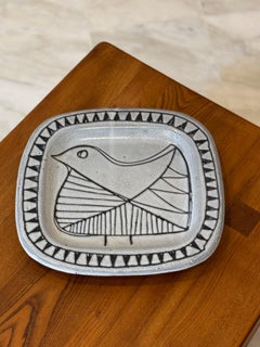 Ceramic Dish with Bird decor signed by Jacques Pouchain Atelier Dieulefit 1960's