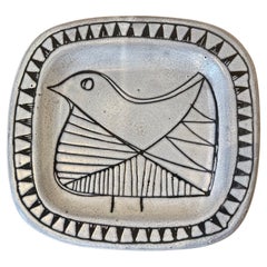 Vintage Ceramic Dish with Bird decor signed by Jacques Pouchain Atelier Dieulefit 1960's