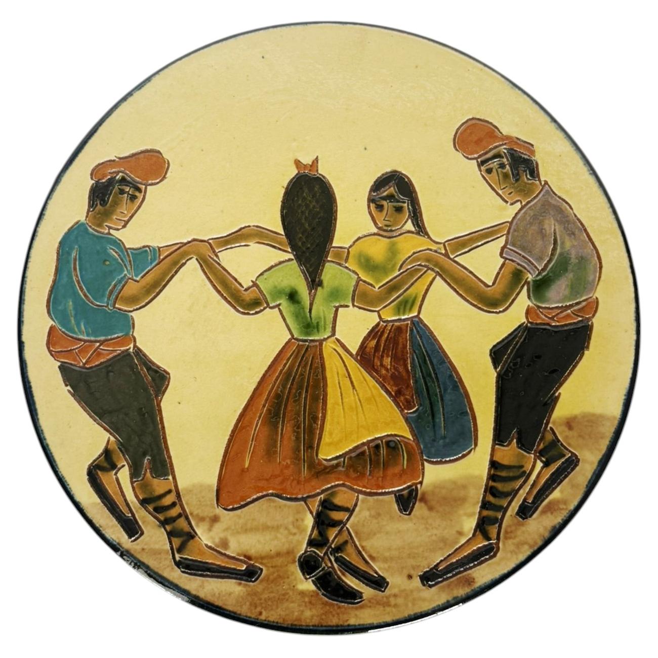 Ceramic Dish with Dancers Decoration, France, 1960s For Sale