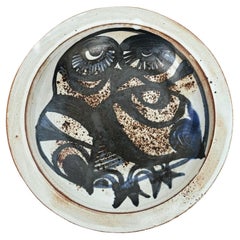 Ceramic Dish with owl decor signed by Jacques Pouchain Atelier Dieulefit 1960's