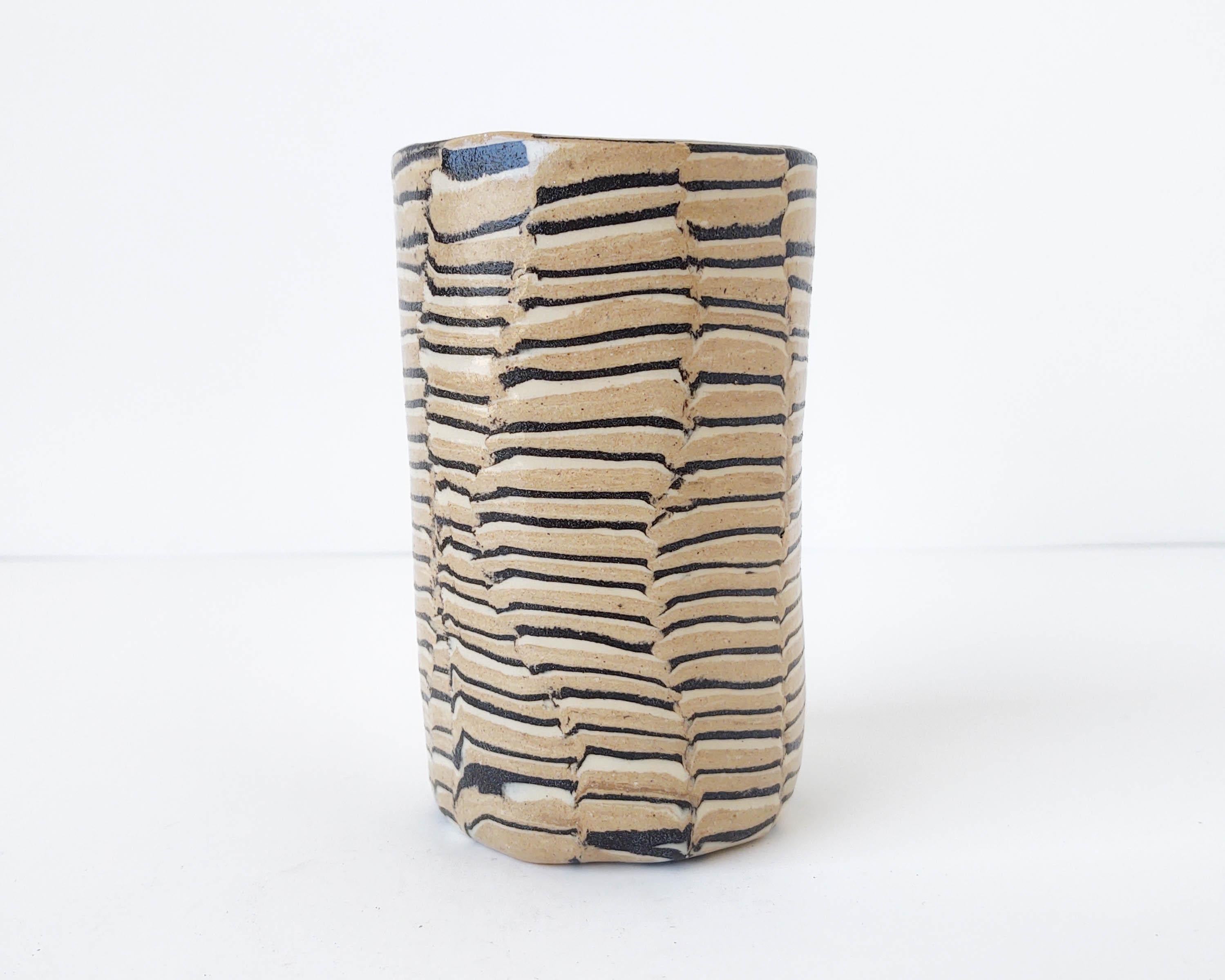 Ceramic Distorted Stripes Tan Vase by Fizzy Ceramics For Sale 4