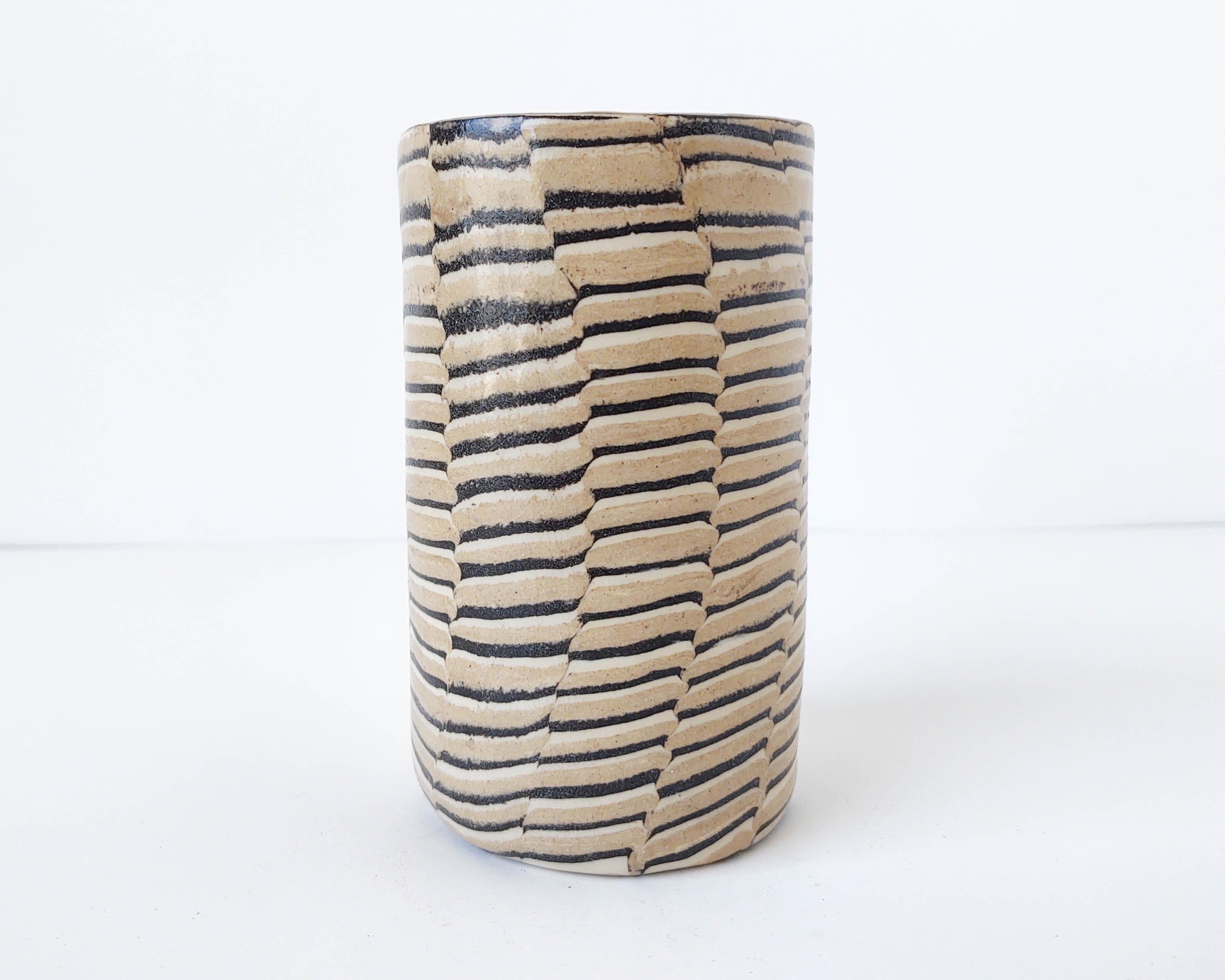 Ceramic Distorted Stripes Tan Vase by Fizzy Ceramics For Sale 5
