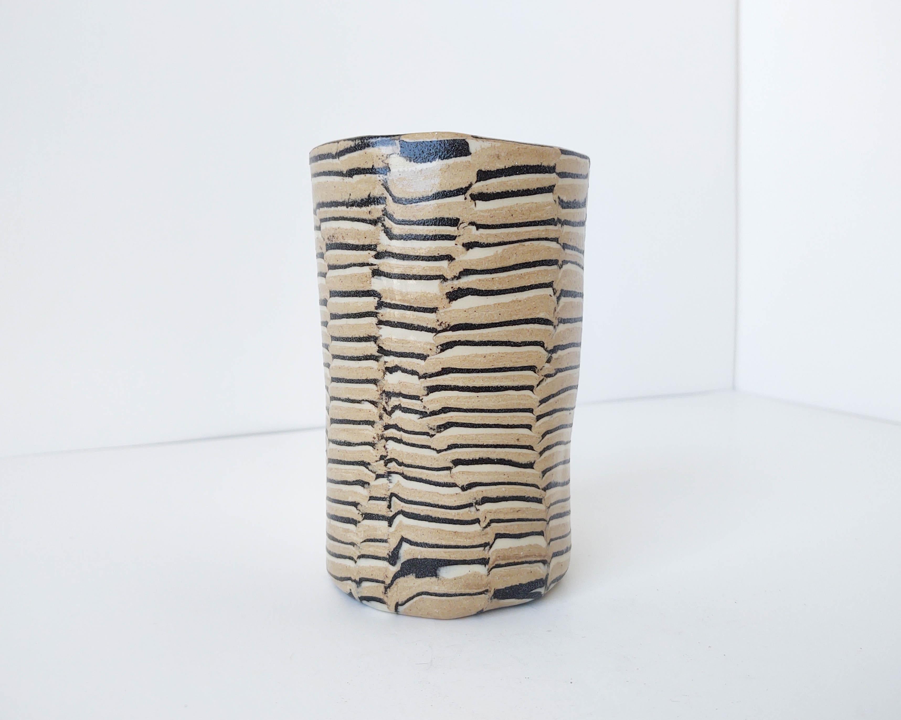 Organic Modern Ceramic Distorted Stripes Tan Vase by Fizzy Ceramics For Sale