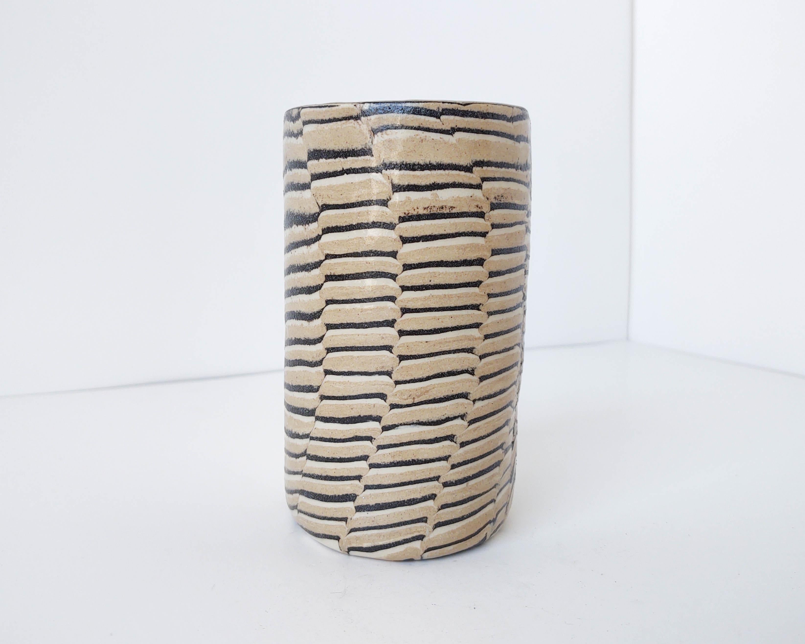 American Ceramic Distorted Stripes Tan Vase by Fizzy Ceramics For Sale