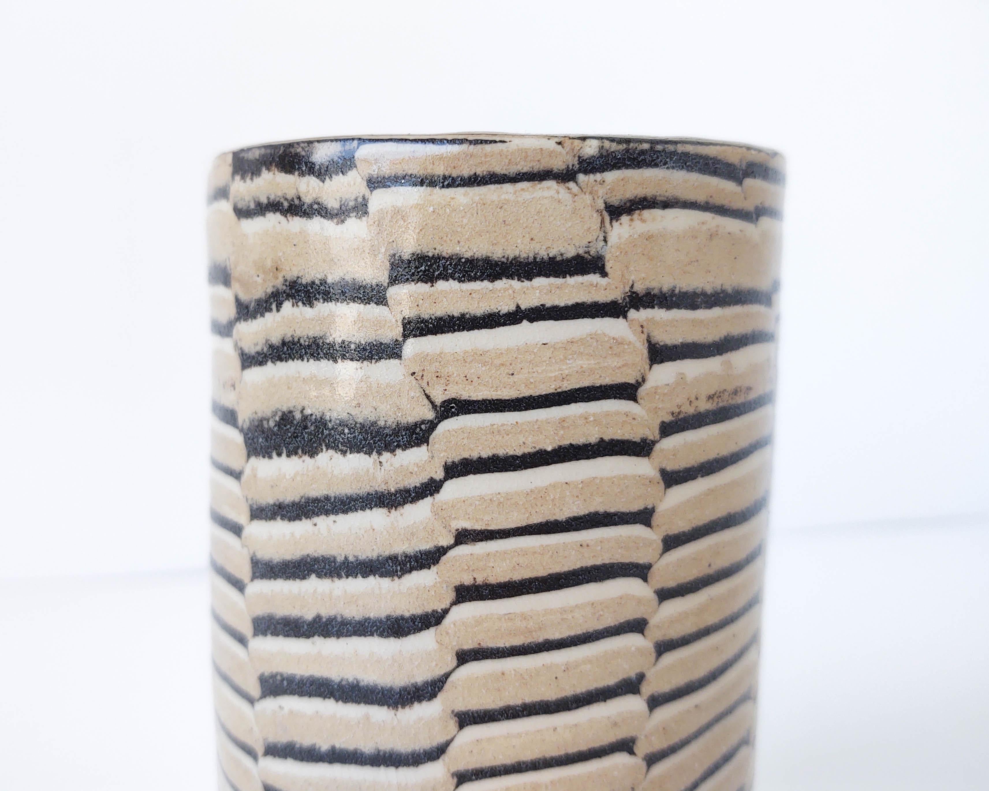 Hand-Crafted Ceramic Distorted Stripes Tan Vase by Fizzy Ceramics For Sale