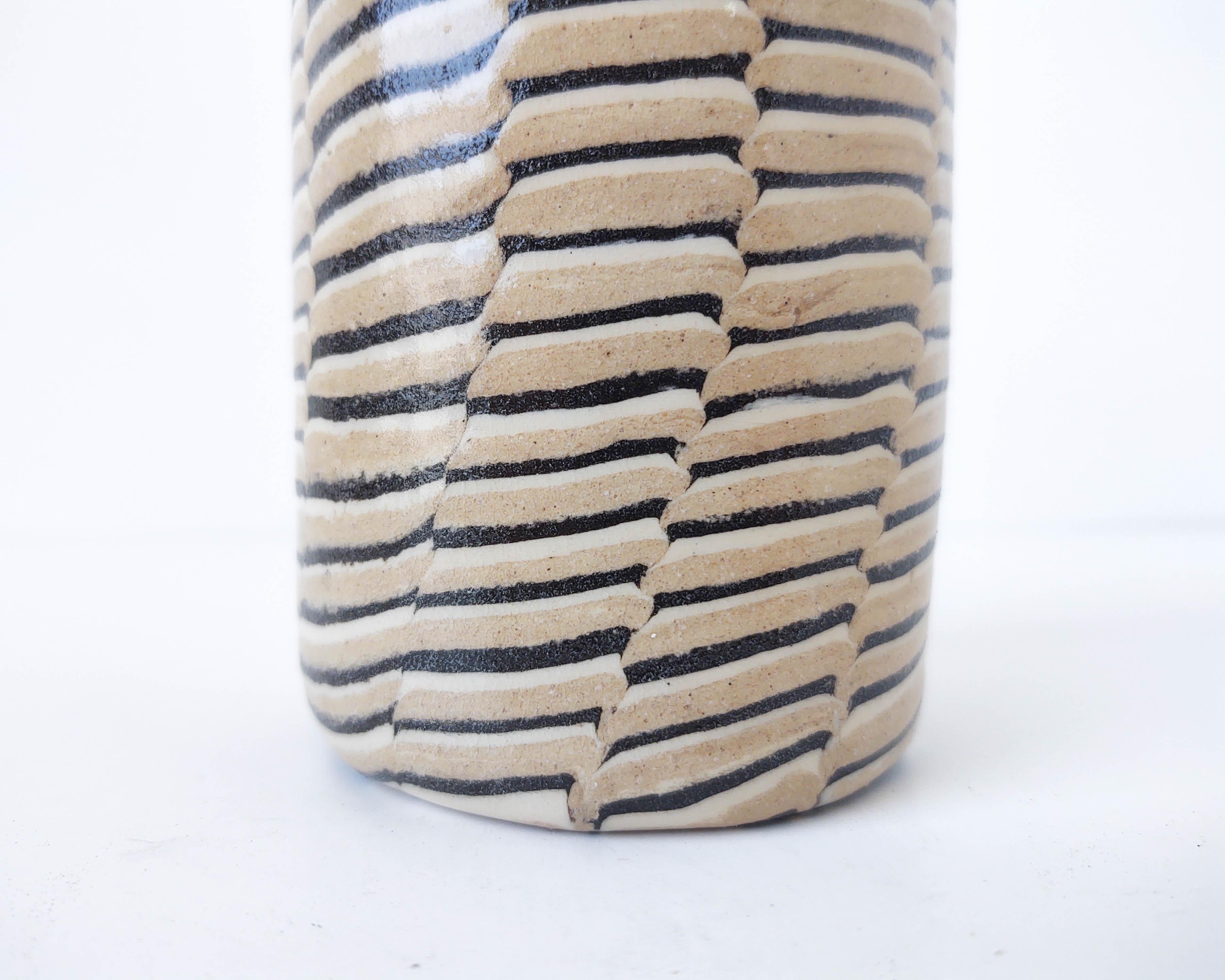 Ceramic Distorted Stripes Tan Vase by Fizzy Ceramics In New Condition For Sale In Hawthorne, CA