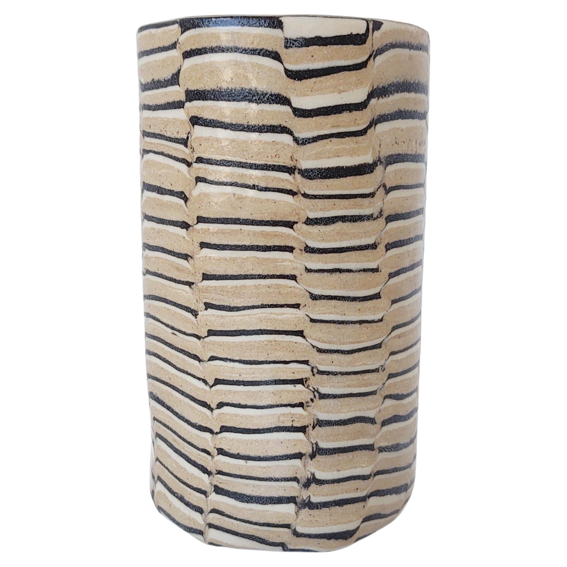 Ceramic Distorted Stripes Tan Vase by Fizzy Ceramics For Sale