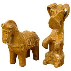 Ceramic Dog and Horse by Aldo Londi in Rare Mustard Glaze for Bitossi Italy 1960