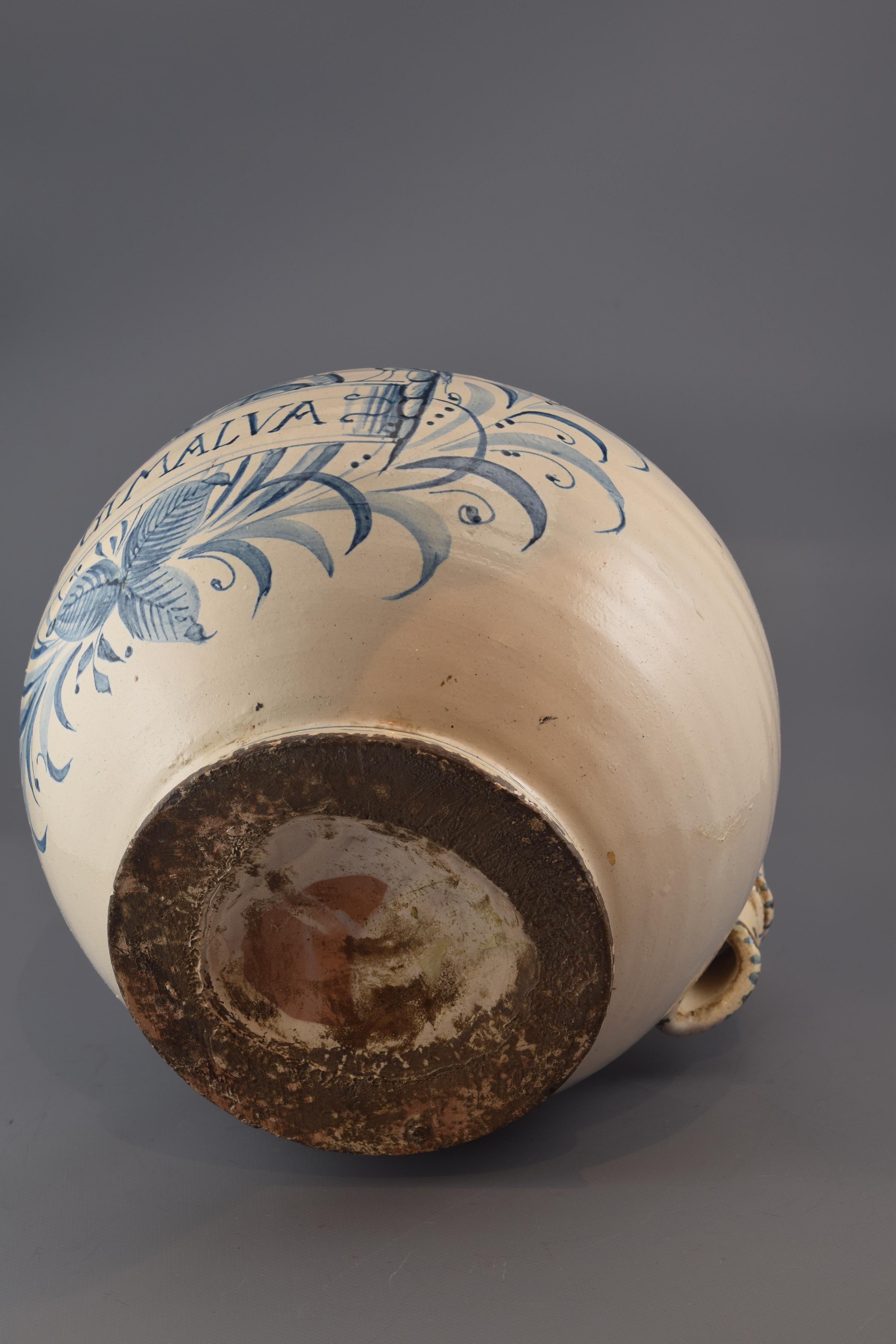 Italian Ceramic Drug Jar or Syrup Jar, Possibly Italy, 18th Century For Sale
