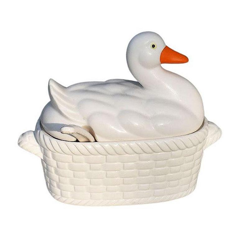 Ceramic Duck Serving Bowl or Soup Tureen with Matching Ladle, 20th