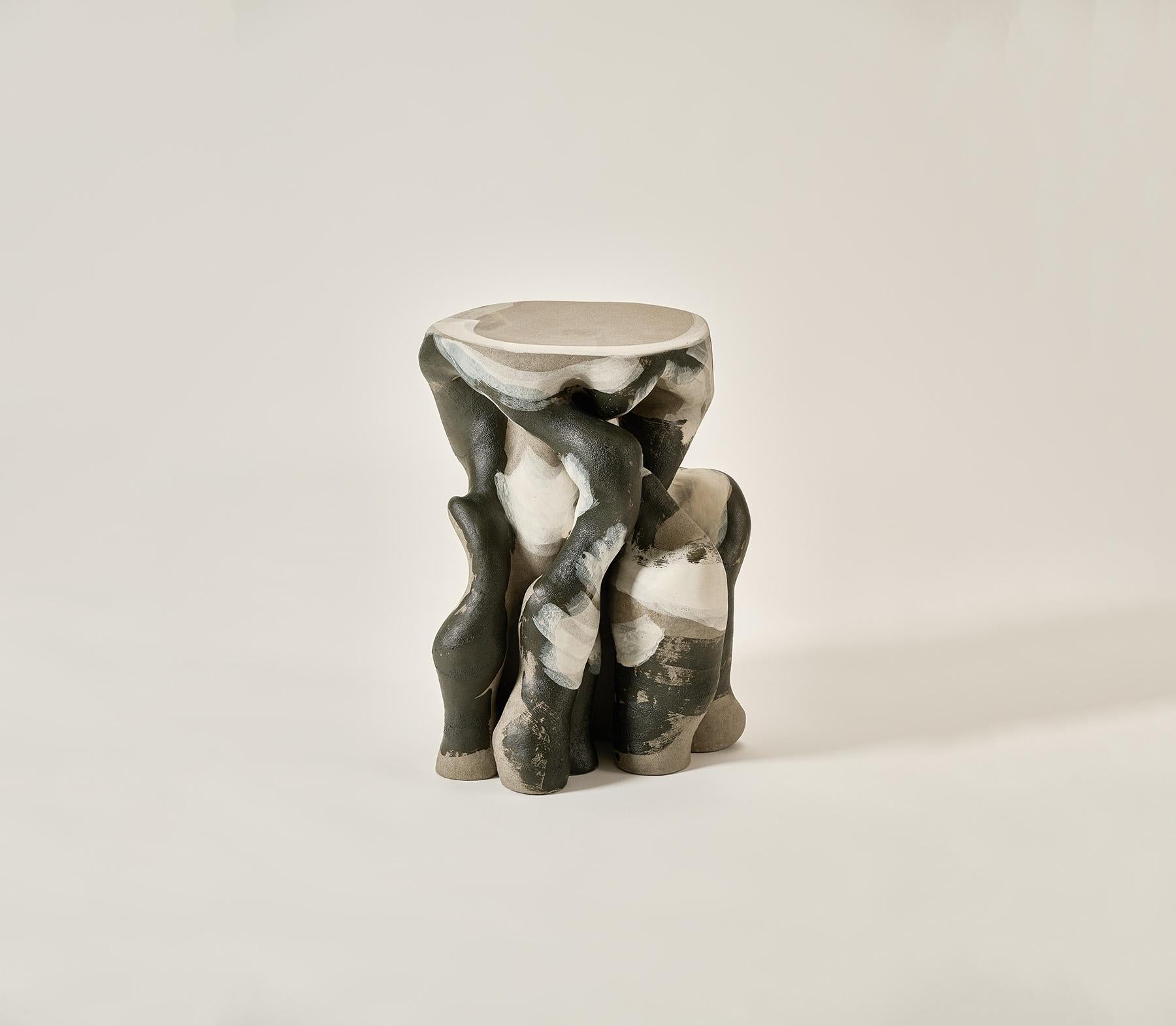 Ceramic Dym Side Table by Perler
Limited Edition of 20
Dimensions: D 30 x H 45-50 cm
Materials: Hand-rolled coils of stoneware clay.
Weight: 15 kg.


Painterly engobes in black and white form a one-of-a-kind, smoky pattern; glaze is applied only
