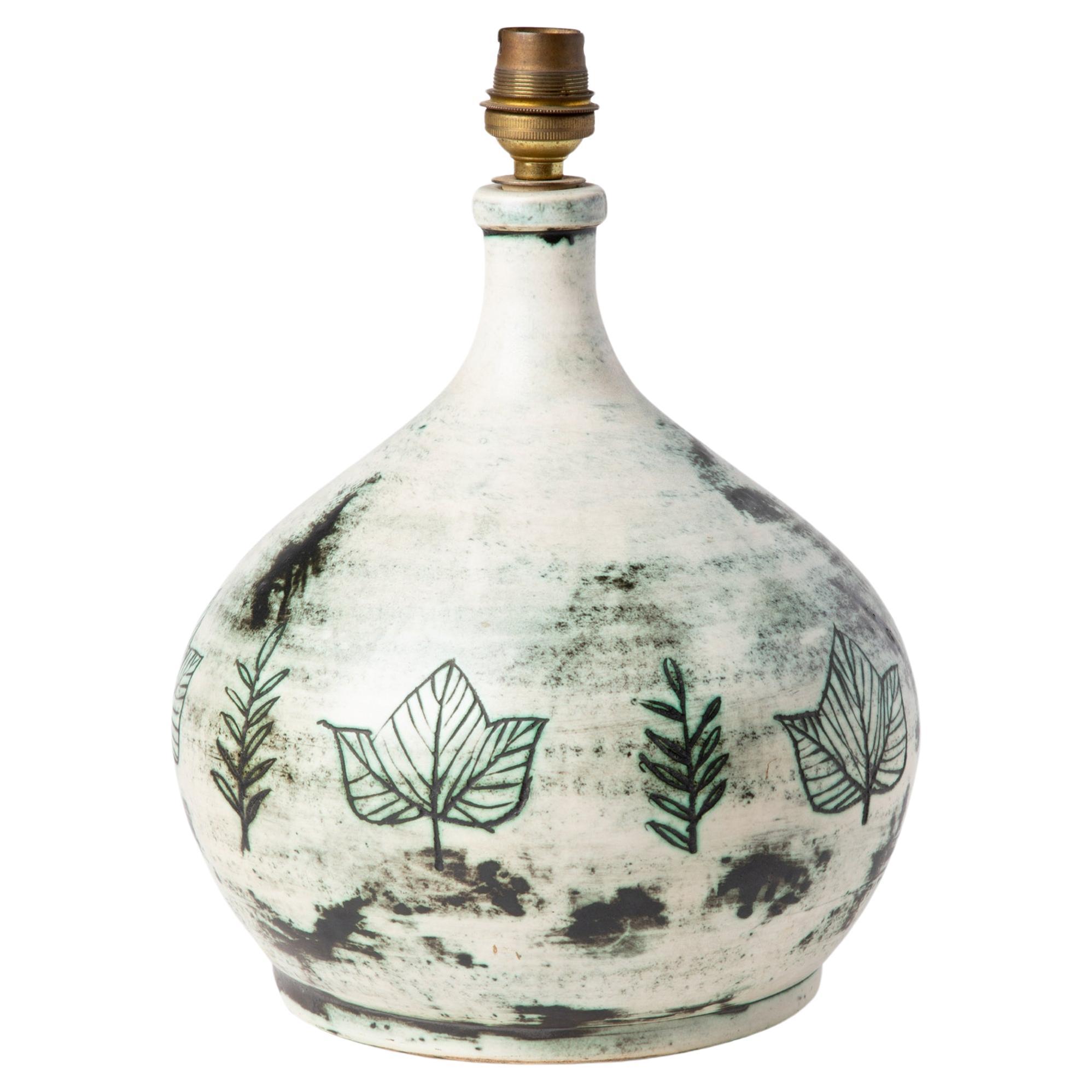 Ceramic egg-shaped lamp base, foliage decoration by J.Blin, France circa 1950 For Sale