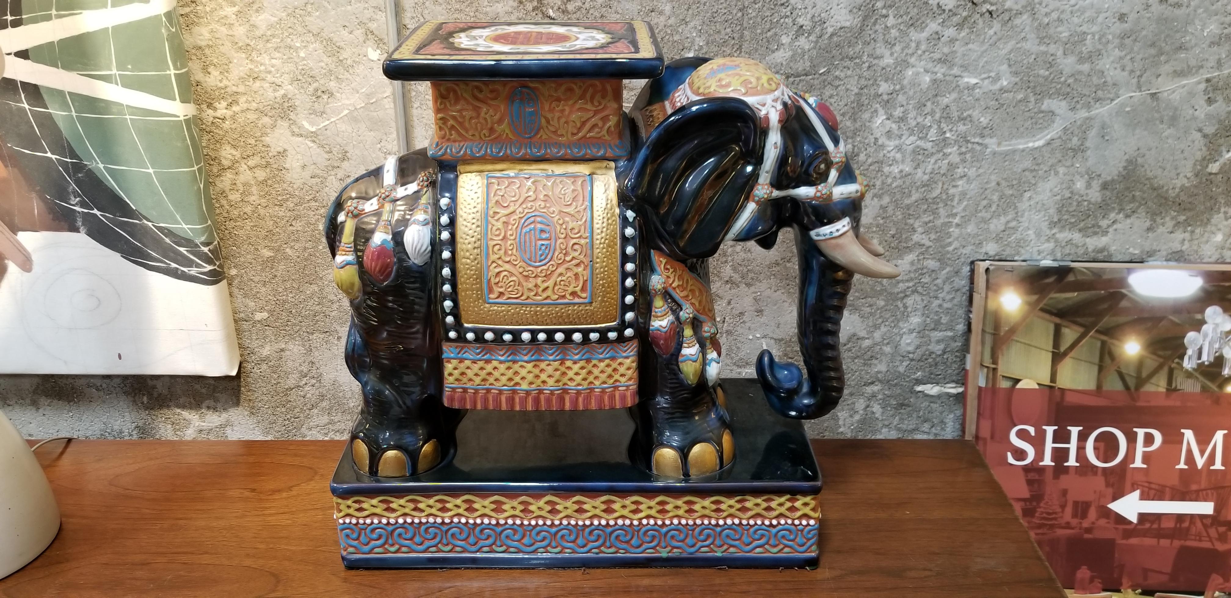Ceramic Elephant Garden Stool or End Table In Excellent Condition In Fulton, CA