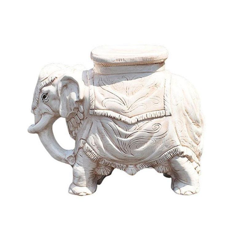 Chinoiseries Paire de tabourets de jardin éléphants en céramique avec plateau en verre rond en vente