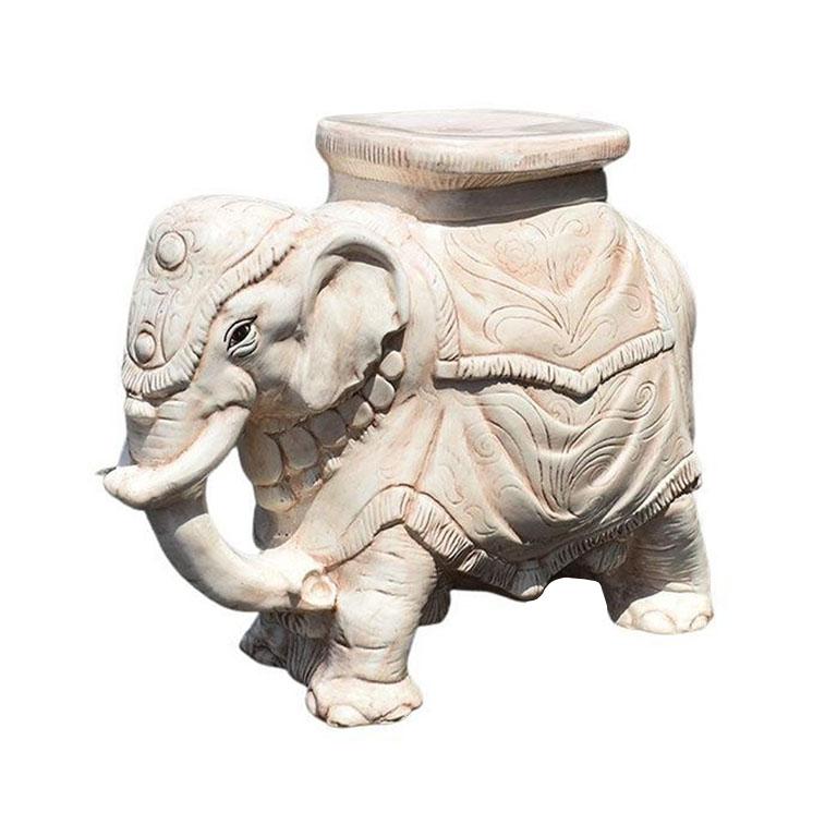 Chinoiserie Ceramic Elephant Garden Stool Side Tables with Round Glass Tops - A Pair For Sale