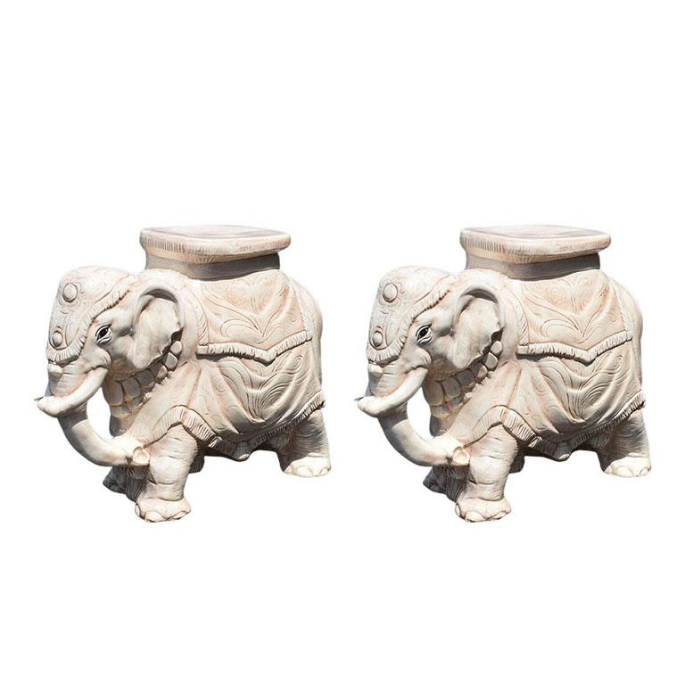 American Ceramic Elephant Garden Stool Side Tables with Round Glass Tops - A Pair For Sale