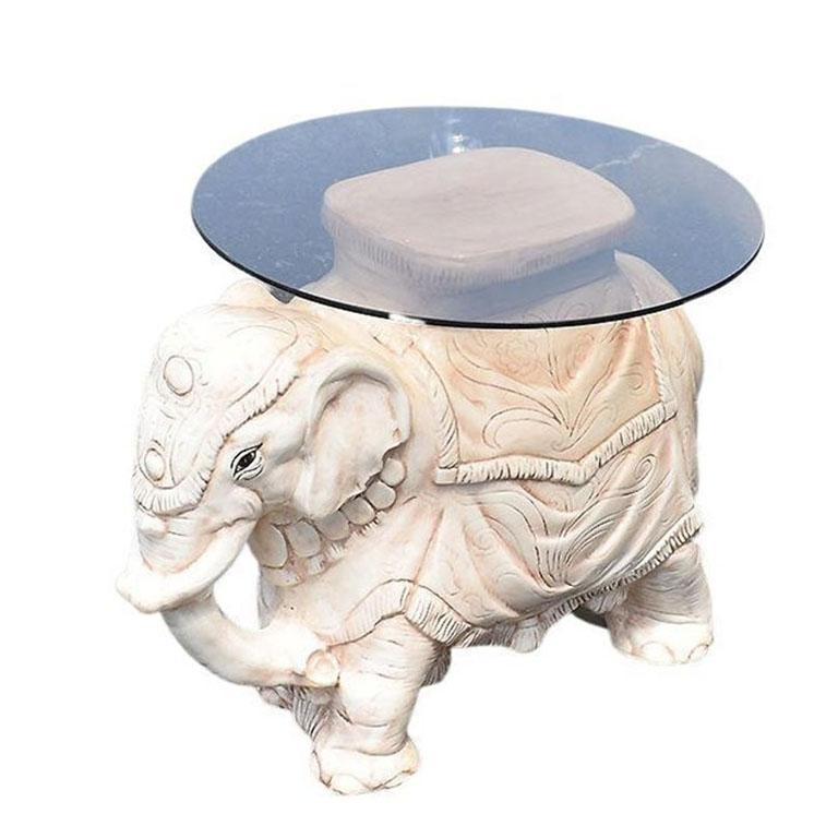 20th Century Ceramic Elephant Garden Stool Side Tables with Round Glass Tops - A Pair For Sale