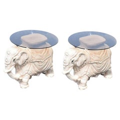 Used Ceramic Elephant Garden Stool Side Tables with Round Glass Tops - A Pair