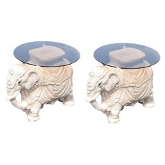 Retro Ceramic Elephant Garden Stool Side Tables with Round Glass Tops - A Pair