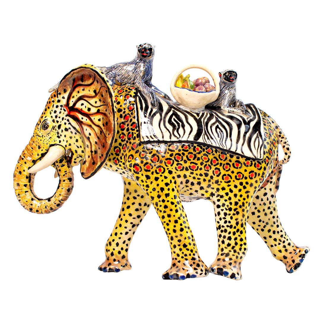 Modern Ceramic Elephant Monkey  Rider, Hand  made in South Africa For Sale