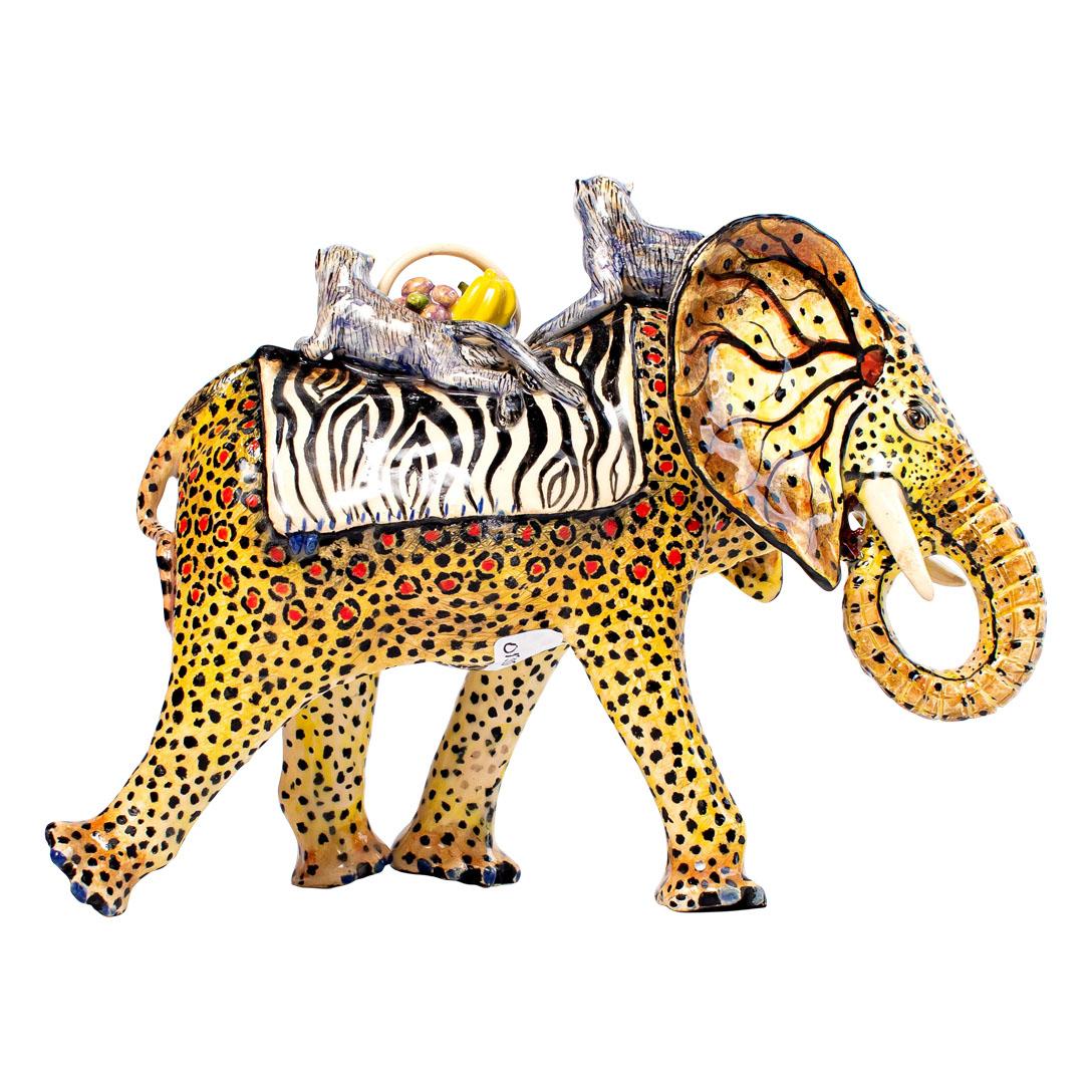 Fired Ceramic Elephant Monkey  Rider, Hand  made in South Africa For Sale