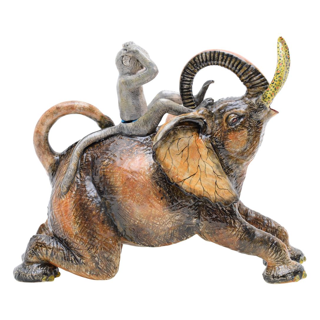 Fired Ceramic Elephant Monkey Teapot , hand made in South Africa